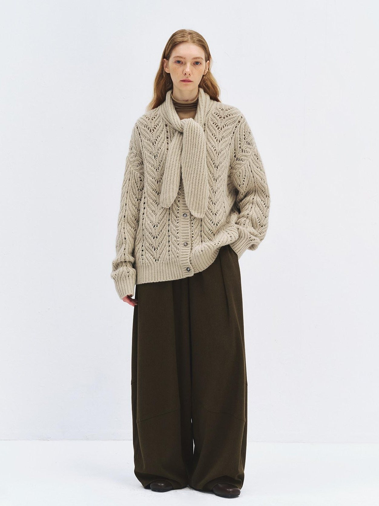someonesometimes High Waist Olive Brown Casual Relaxed Wide Fit Wool Blend Wide Leg Pants