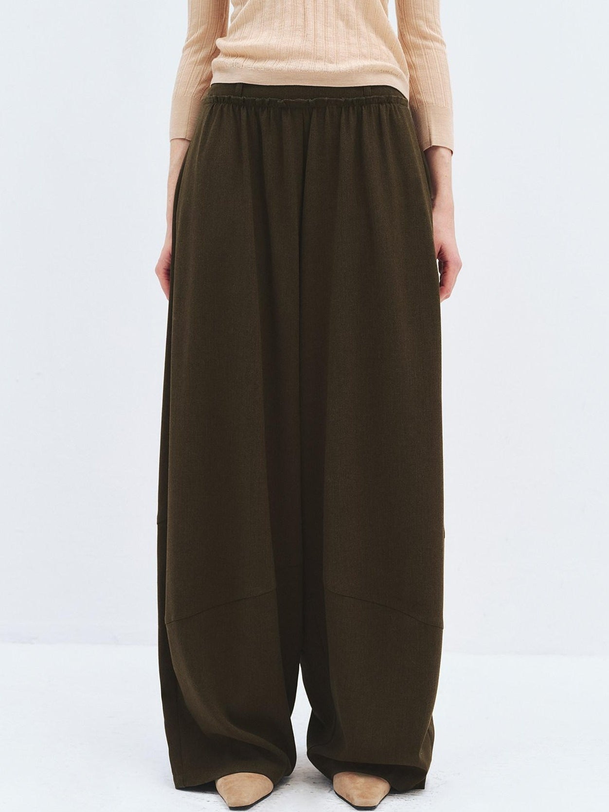 someonesometimes High Waist Olive Brown Casual Relaxed Wide Fit Wool Blend Wide Leg Pants
