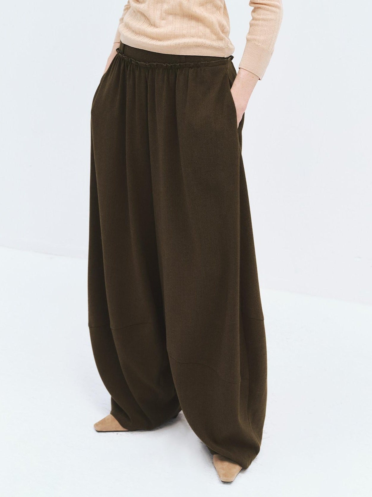 someonesometimes High Waist Olive Brown Casual Relaxed Wide Fit Wool Blend Wide Leg Pants