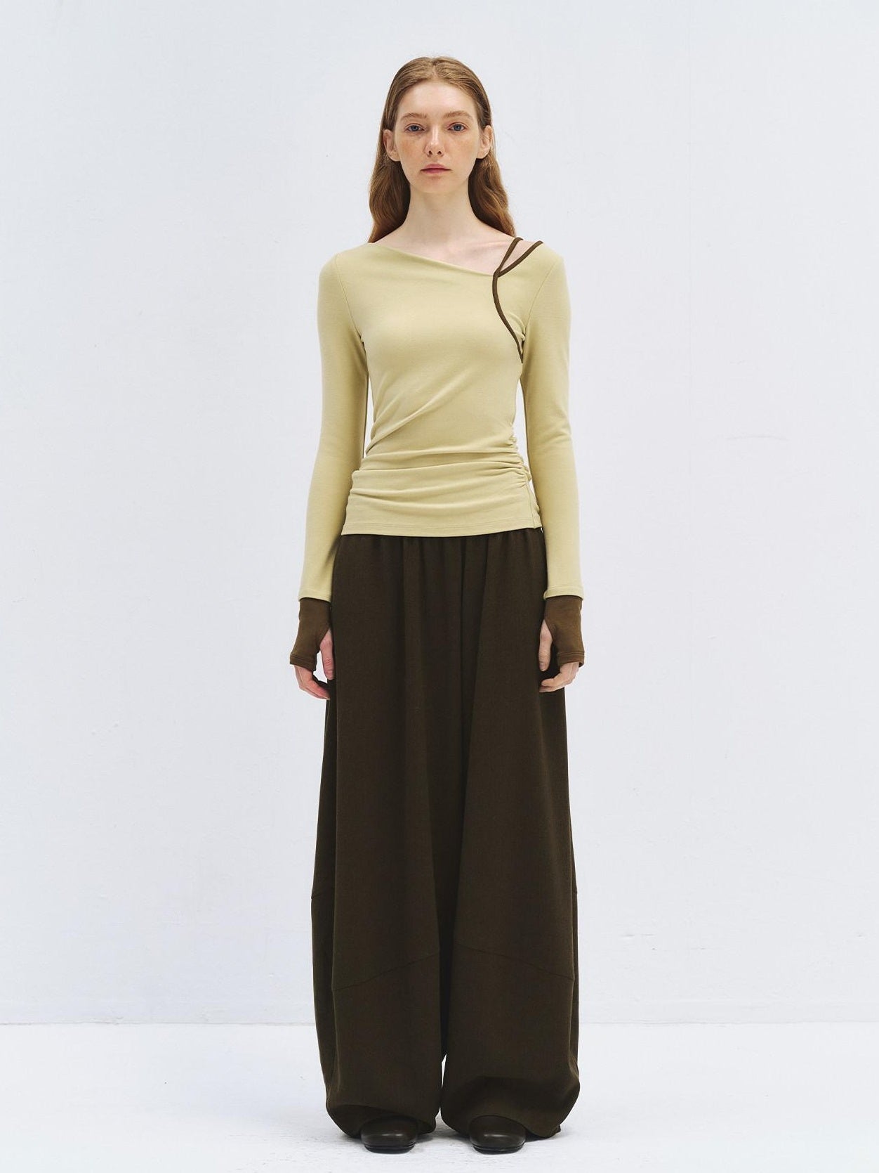 someonesometimes High Waist Olive Brown Casual Relaxed Wide Fit Wool Blend Wide Leg Pants