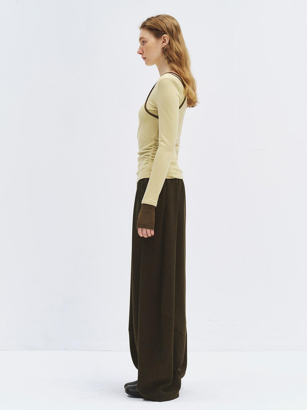 someonesometimes High Waist Olive Brown Casual Relaxed Wide Fit Wool Blend Wide Leg Pants