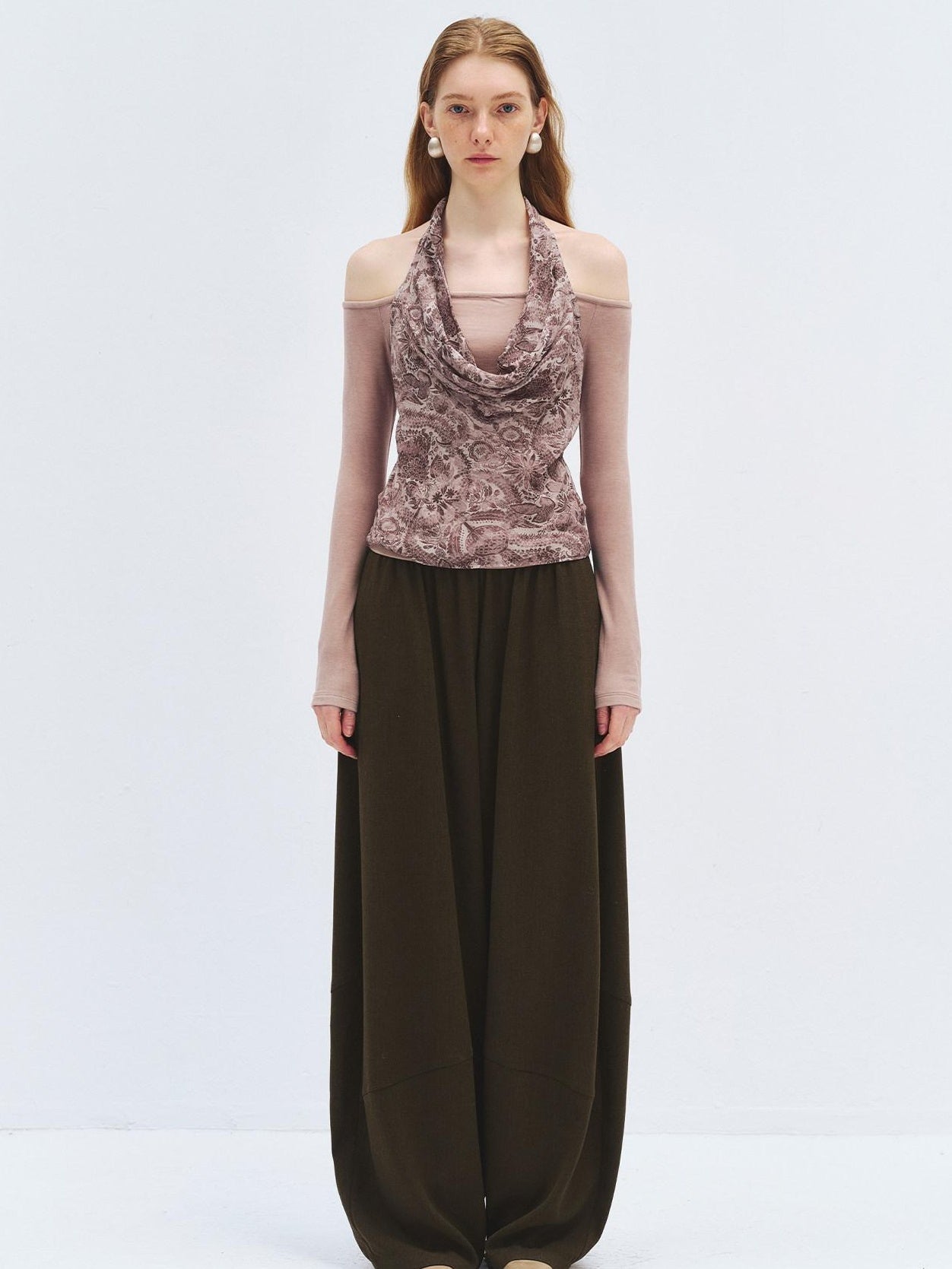 someonesometimes High Waist Olive Brown Casual Relaxed Wide Fit Wool Blend Wide Leg Pants