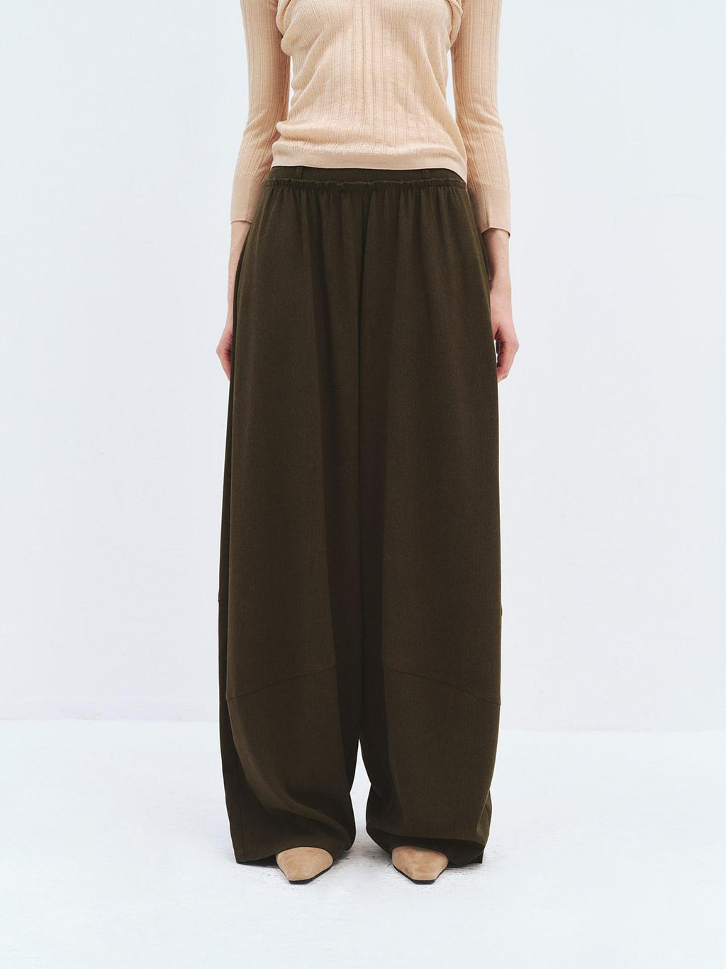 someonesometimes High Waist Olive Brown Casual Relaxed Wide Fit Wool Blend Wide Leg Pants