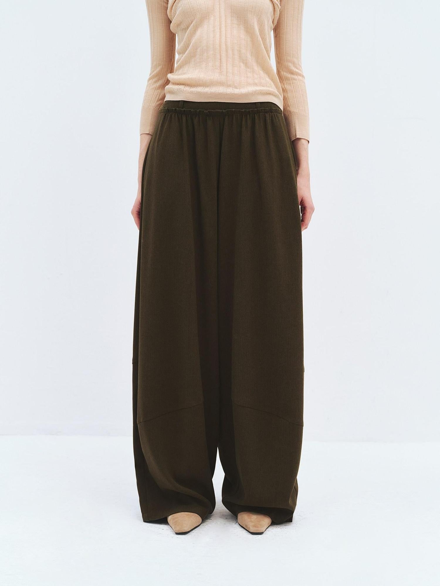 someonesometimes High Waist Olive Brown Casual Relaxed Wide Fit Wool Blend Wide Leg Pants