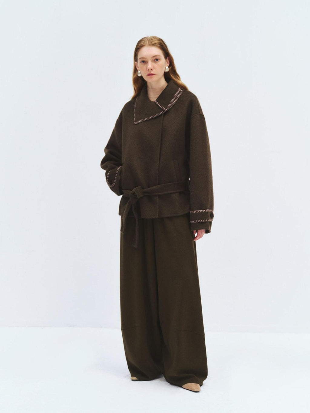 someonesometimes High Waist Olive Brown Casual Relaxed Wide Fit Wool Blend Wide Leg Pants