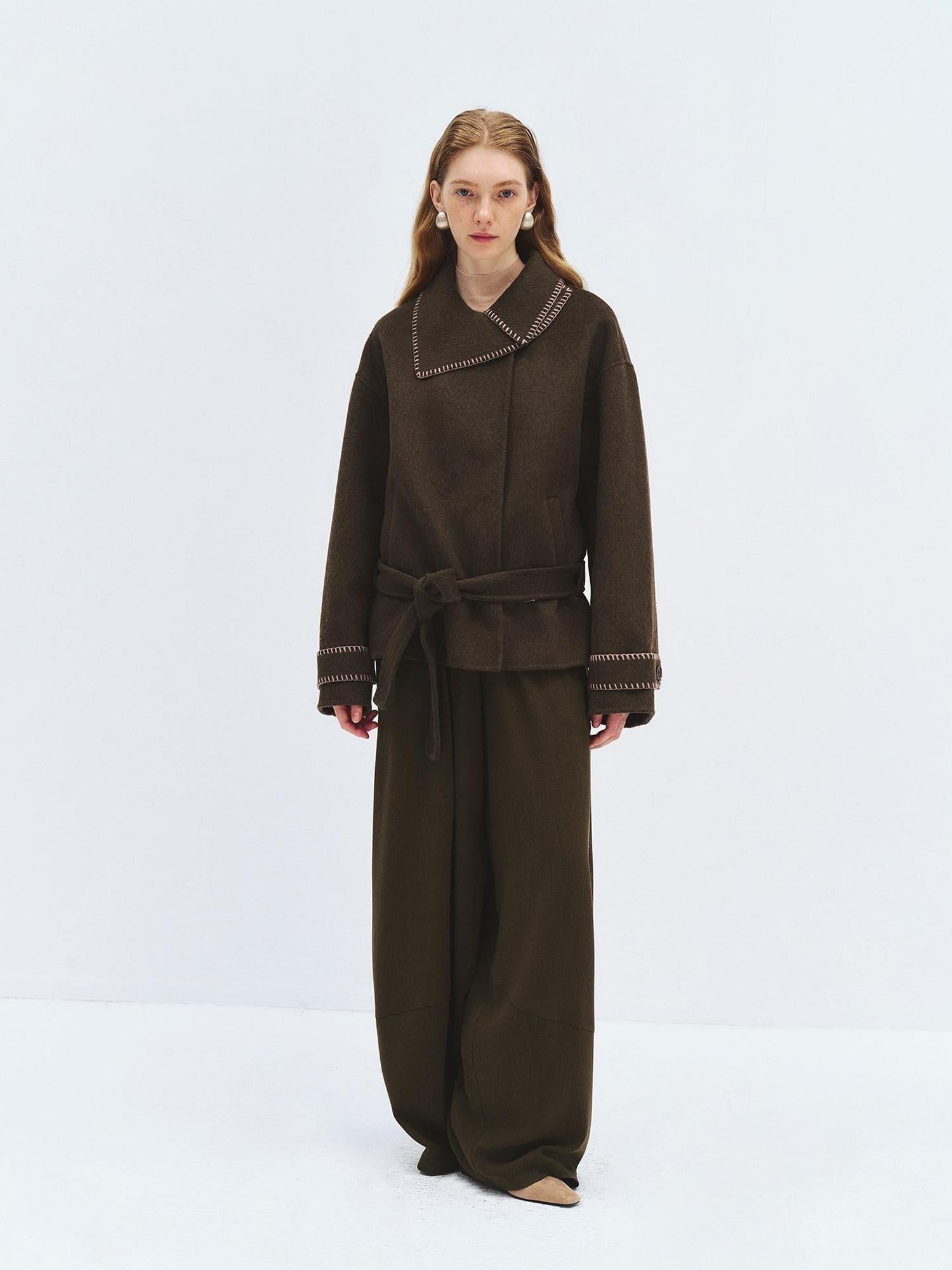 someonesometimes High Waist Olive Brown Casual Relaxed Wide Fit Wool Blend Wide Leg Pants