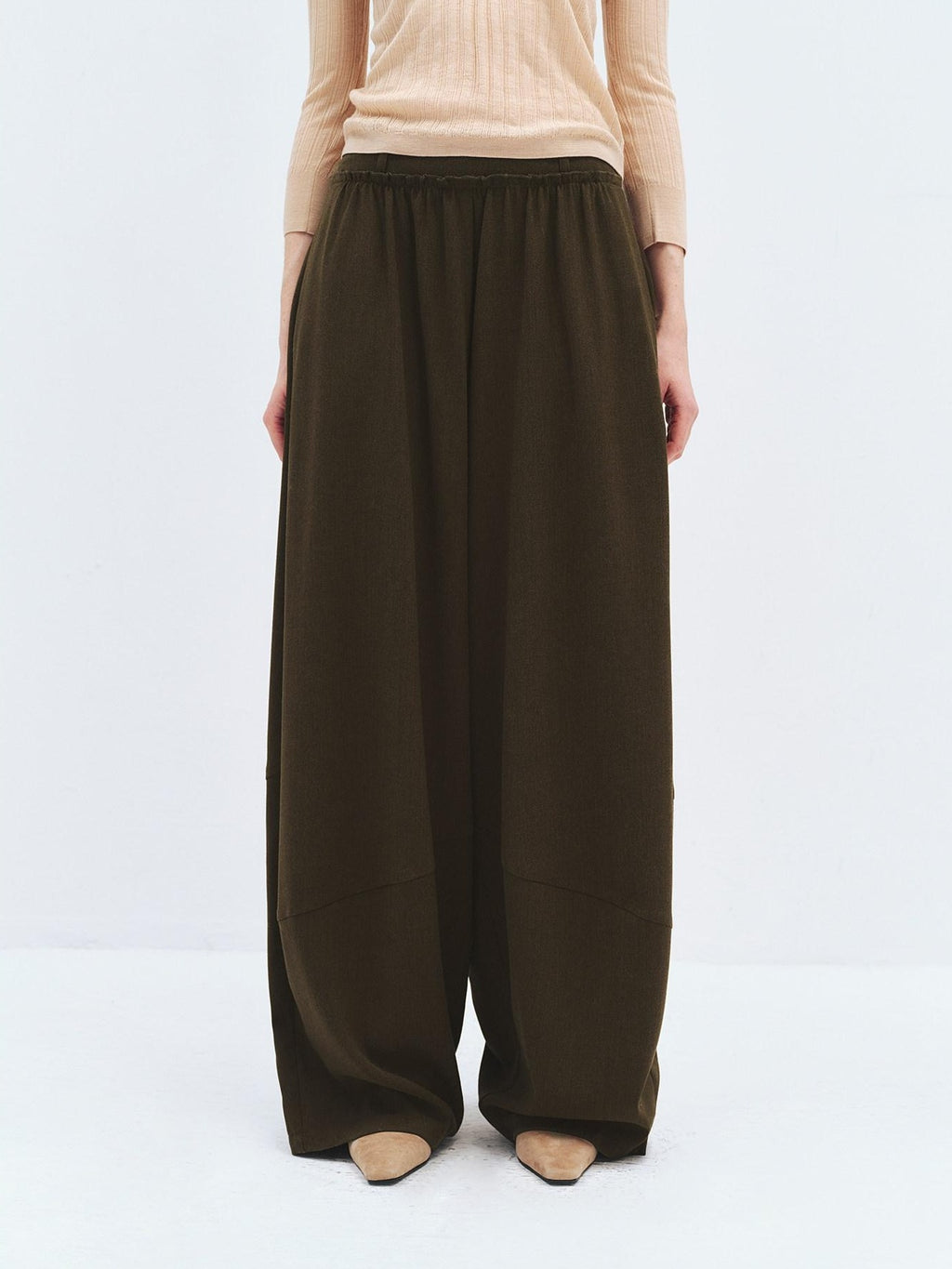someonesometimes High Waist Olive Brown Casual Relaxed Wide Fit Wool Blend Wide Leg Pants