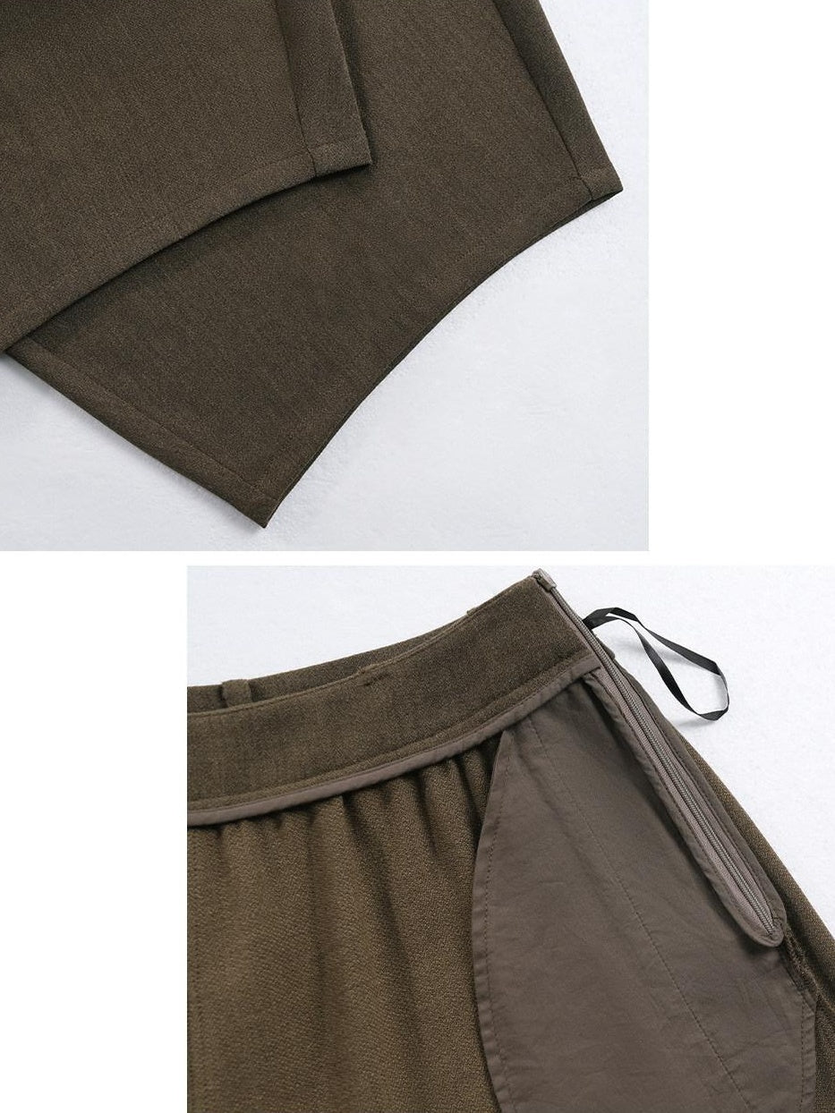someonesometimes High Waist Olive Brown Casual Relaxed Wide Fit Wool Blend Wide Leg Pants