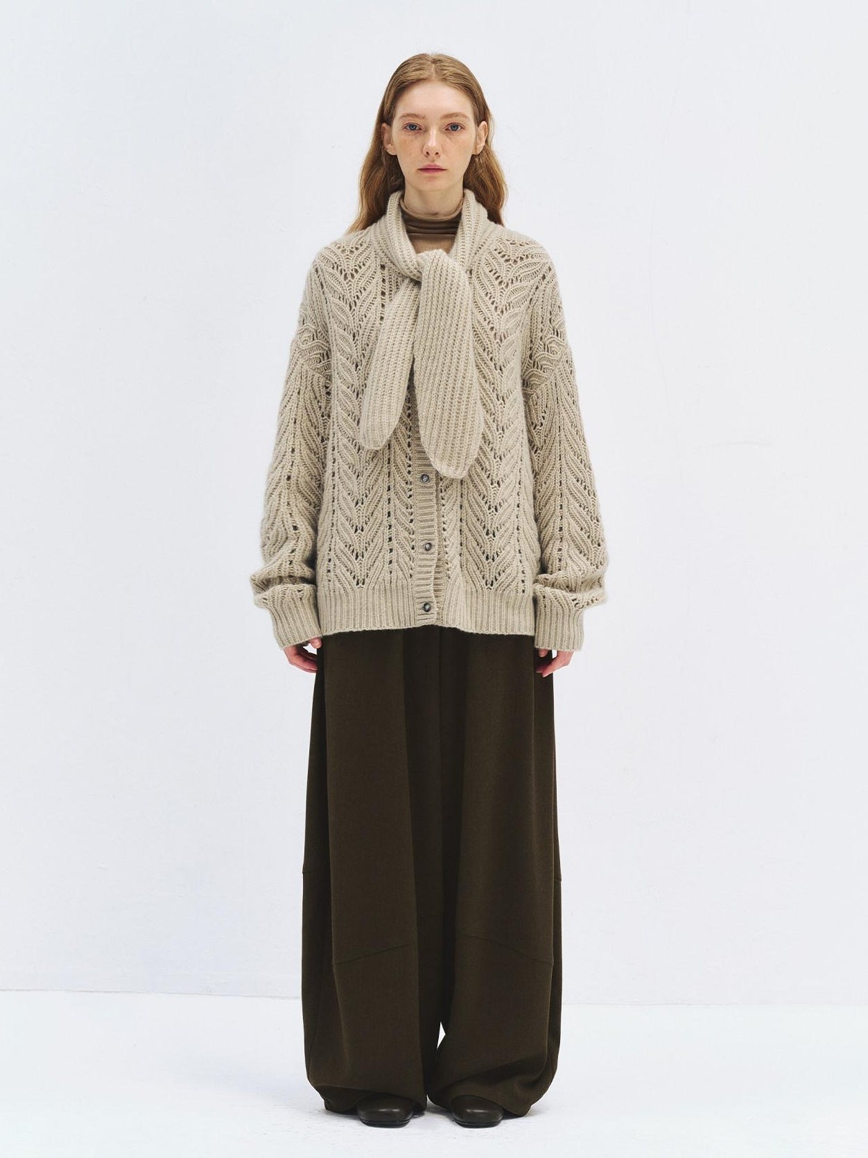 someonesometimes High Waist Olive Brown Casual Relaxed Wide Fit Wool Blend Wide Leg Pants