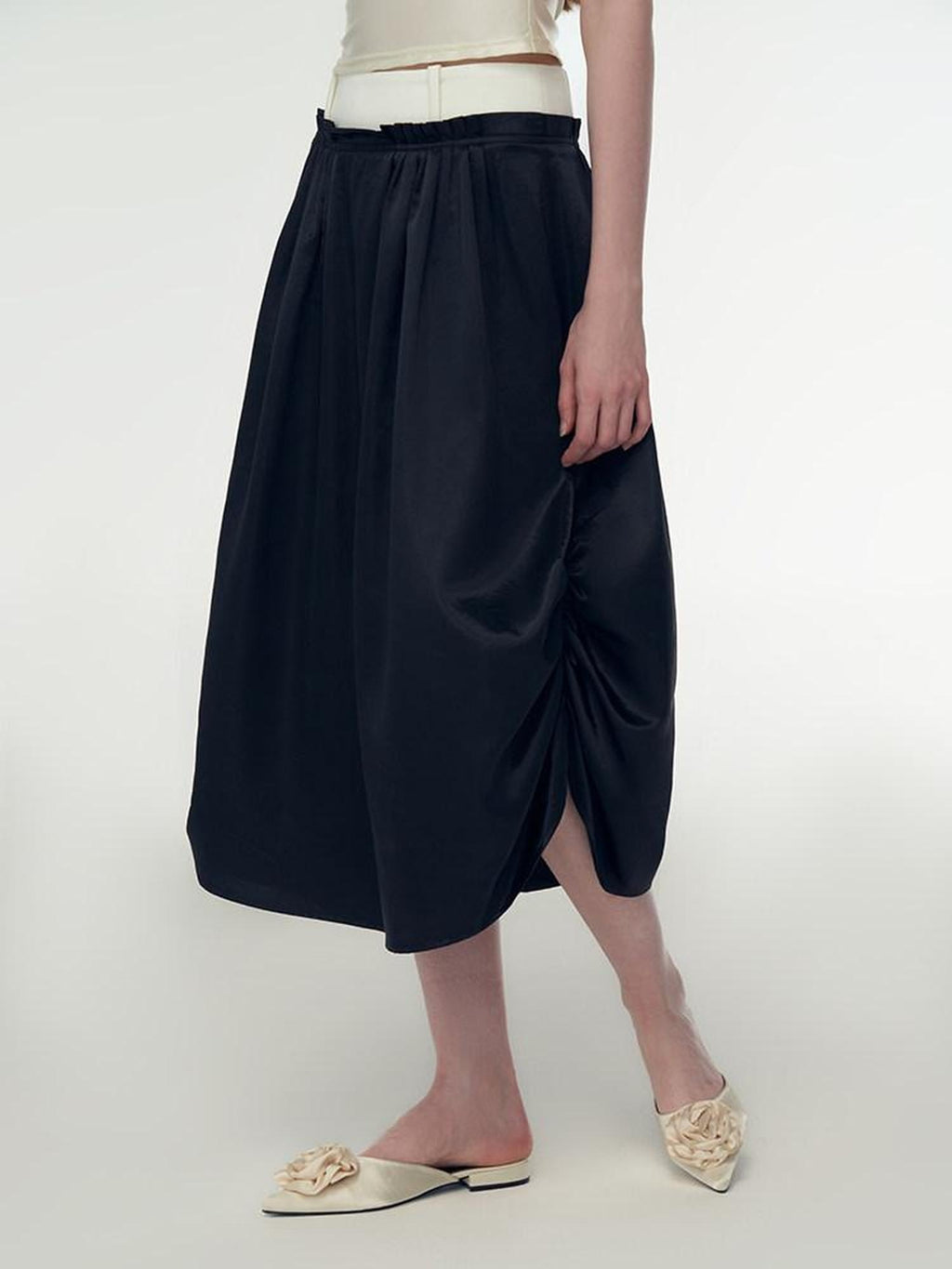 someonesometimes High Waist Pleated A Line Minimalist Work Casual Black Midi Skirts