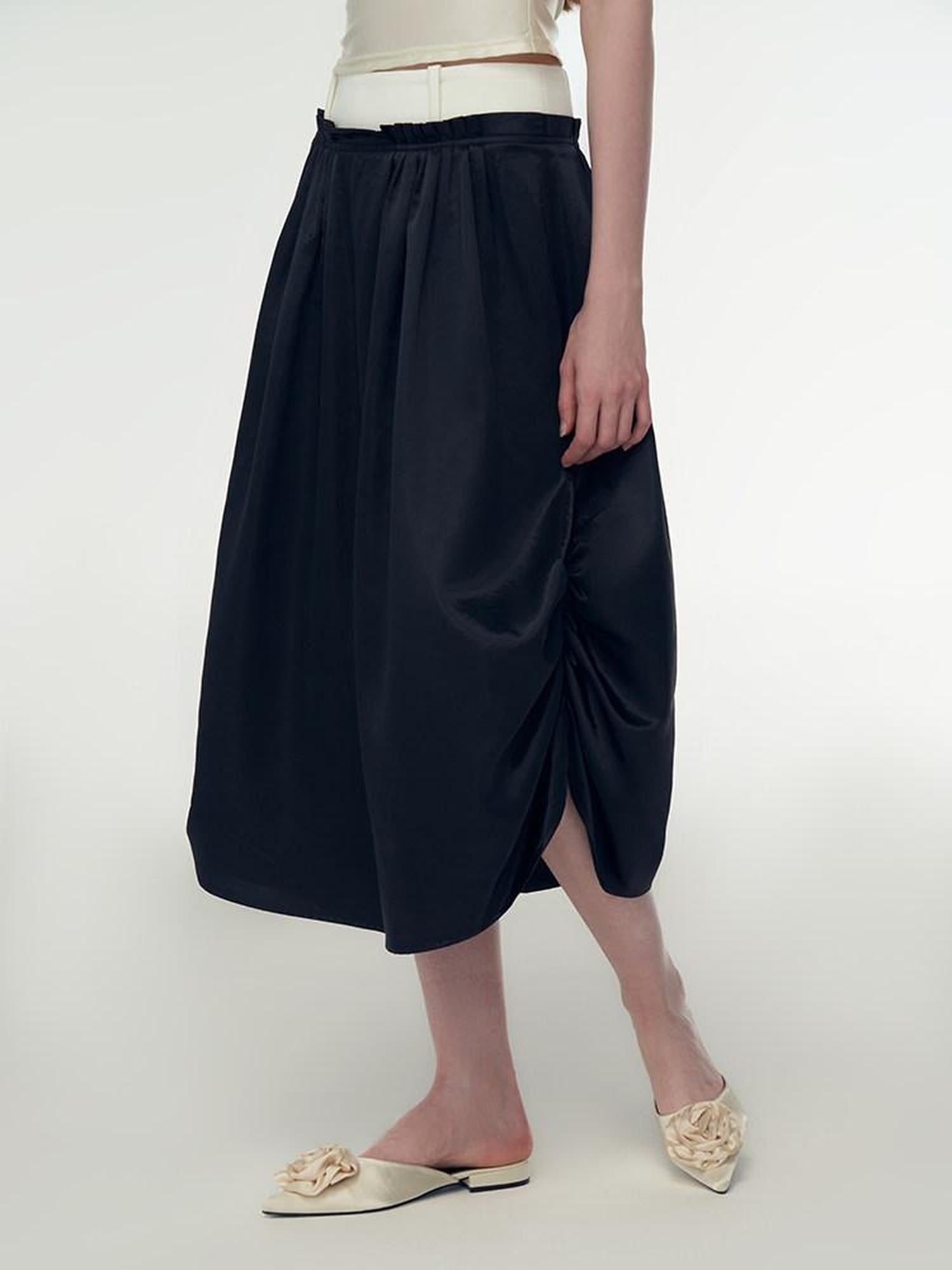 someonesometimes High Waist Pleated A Line Minimalist Work Casual Black Midi Skirts