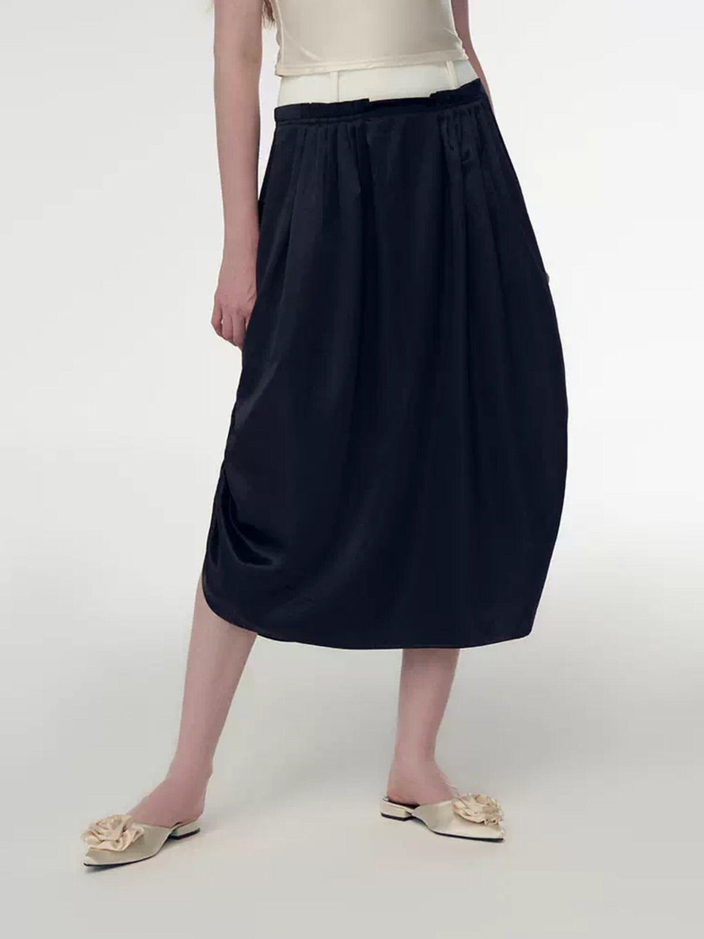 someonesometimes High Waist Pleated A Line Minimalist Work Casual Black Midi Skirts
