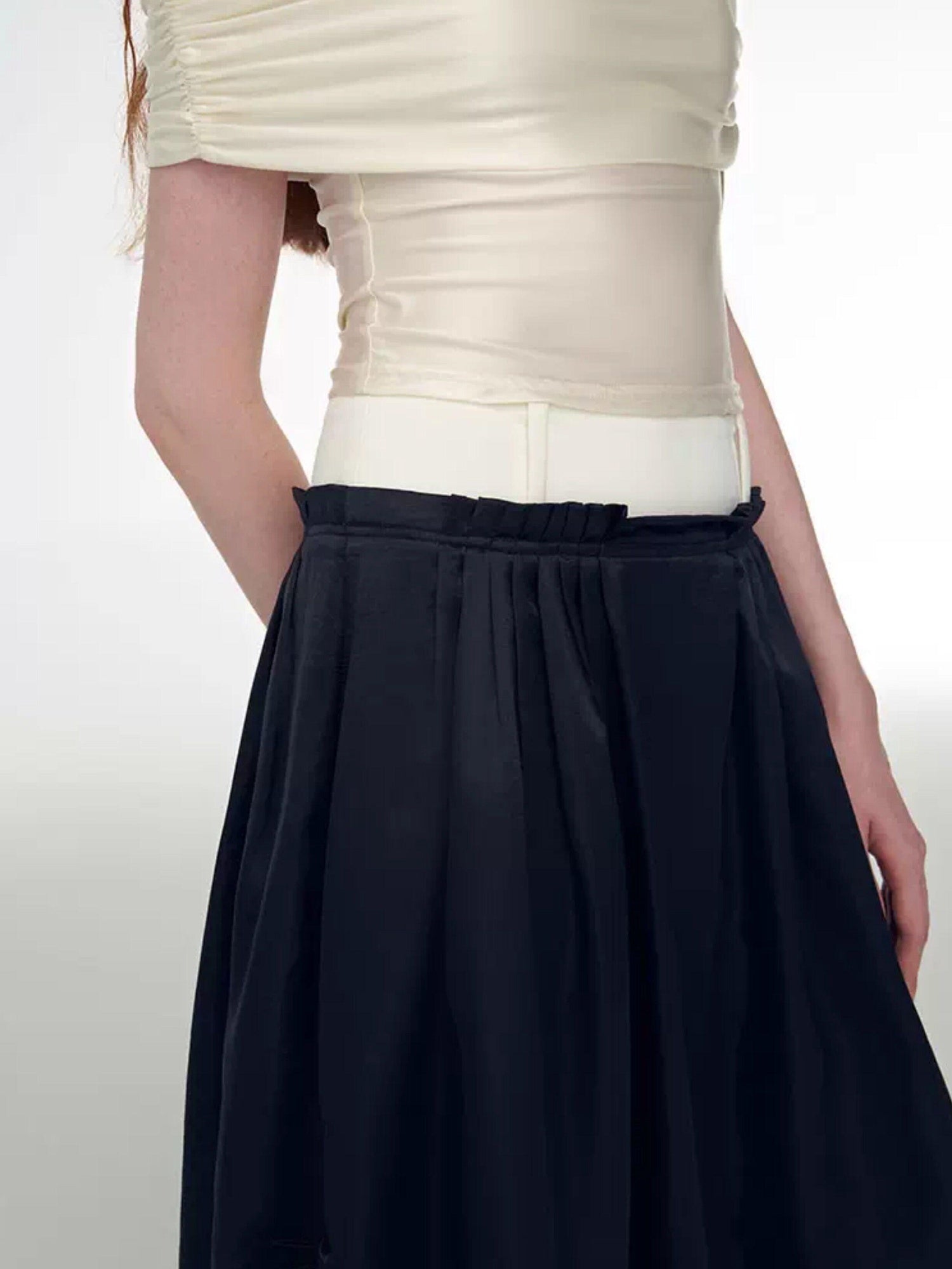 someonesometimes High Waist Pleated A Line Minimalist Work Casual Black Midi Skirts