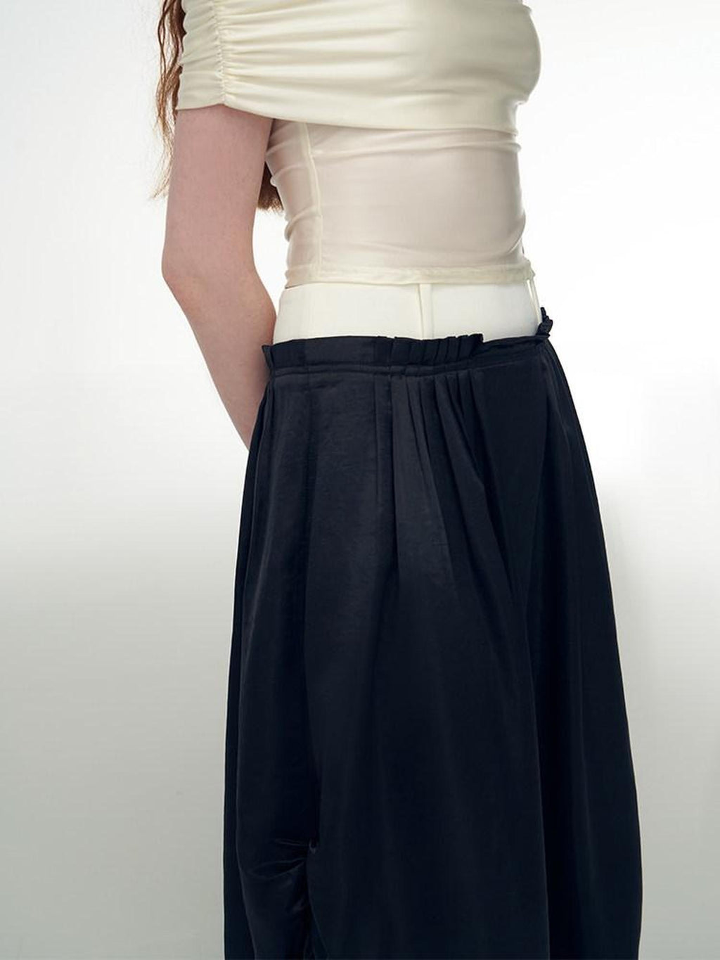 someonesometimes High Waist Pleated A Line Minimalist Work Casual Black Midi Skirts