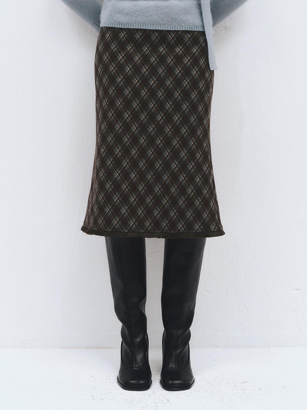 someonesometimes High Waist Slim H Line Casual Women Gray Brown Check Plaid Midi Skirts