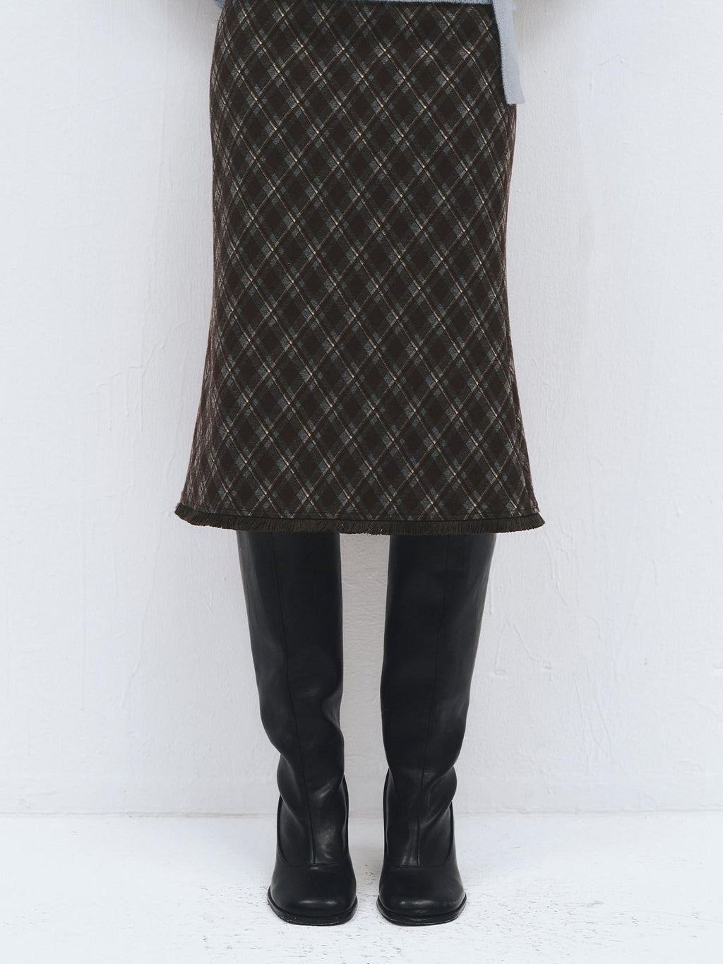 someonesometimes High Waist Slim H Line Casual Women Gray Brown Check Plaid Midi Skirts