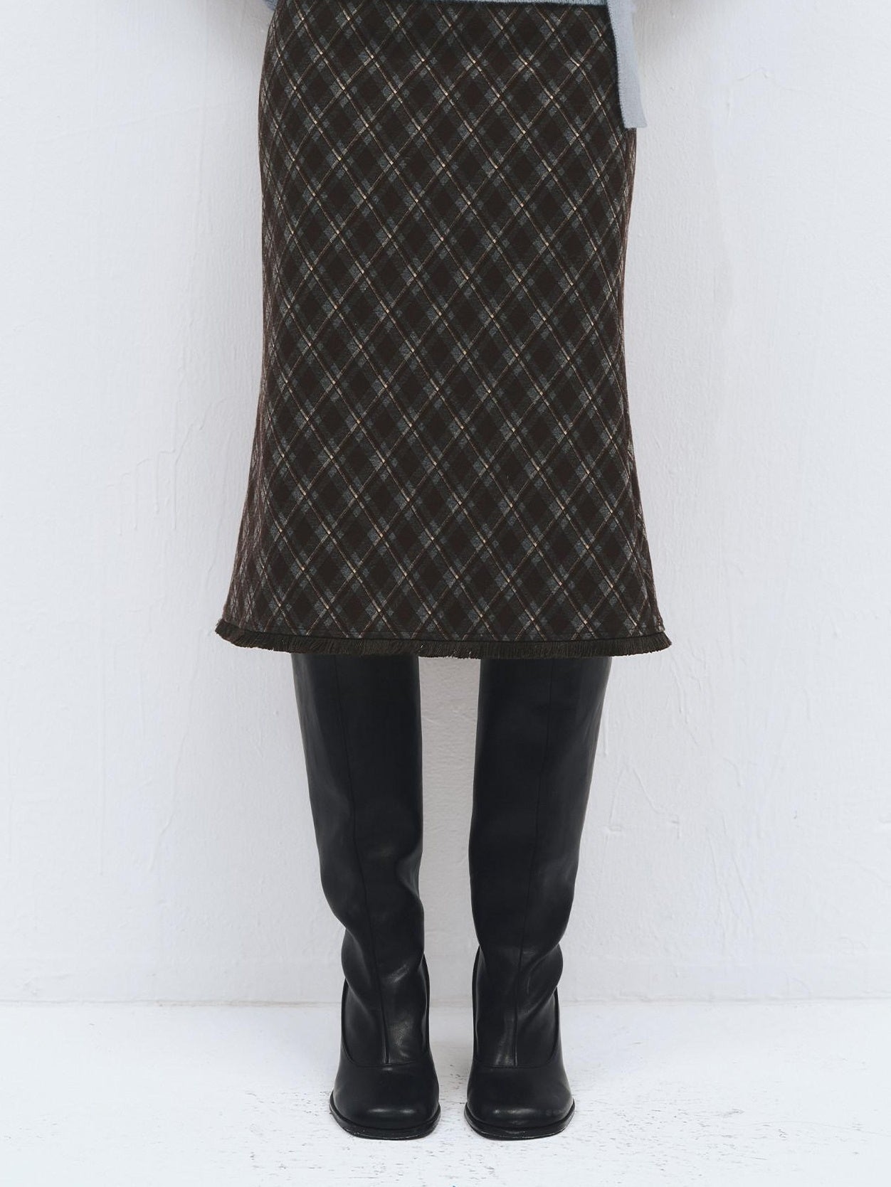 someonesometimes High Waist Slim H Line Casual Women Gray Brown Check Plaid Midi Skirts