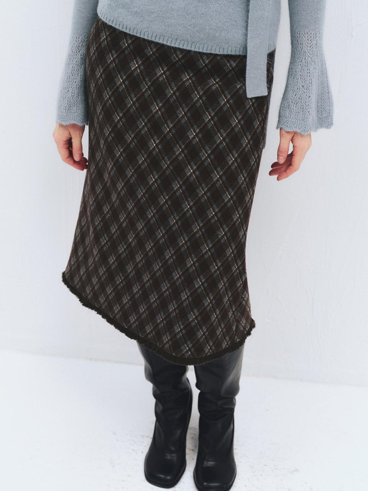 someonesometimes High Waist Slim H Line Casual Women Gray Brown Check Plaid Midi Skirts