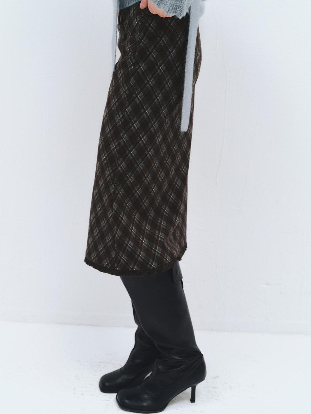 someonesometimes High Waist Slim H Line Casual Women Gray Brown Check Plaid Midi Skirts