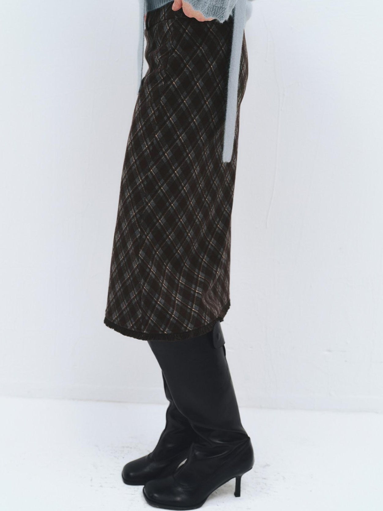 someonesometimes High Waist Slim H Line Casual Women Gray Brown Check Plaid Midi Skirts
