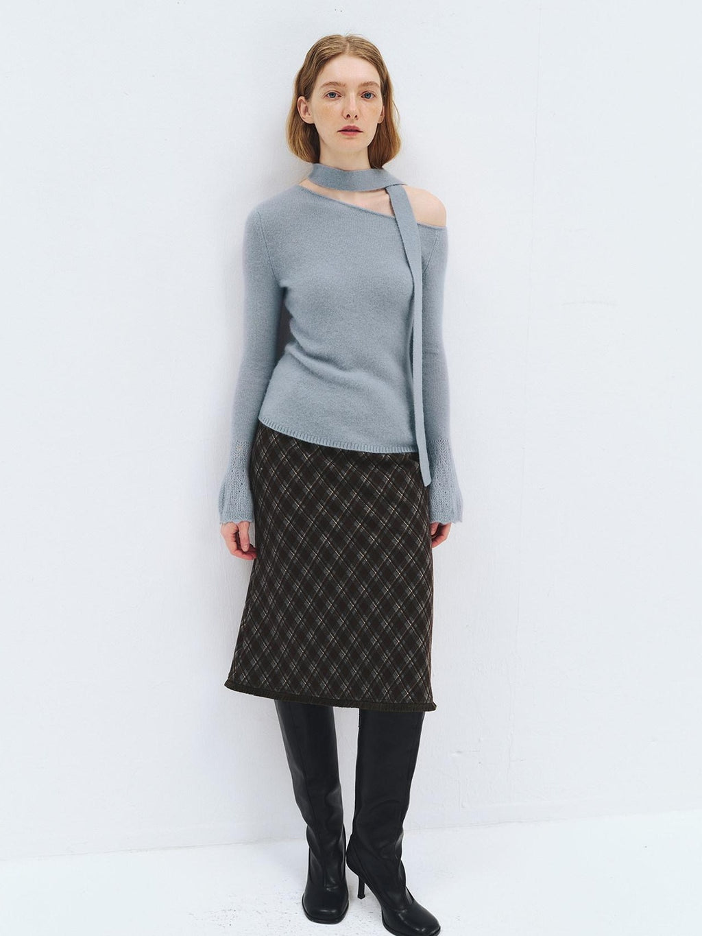 someonesometimes High Waist Slim H Line Casual Women Gray Brown Check Plaid Midi Skirts
