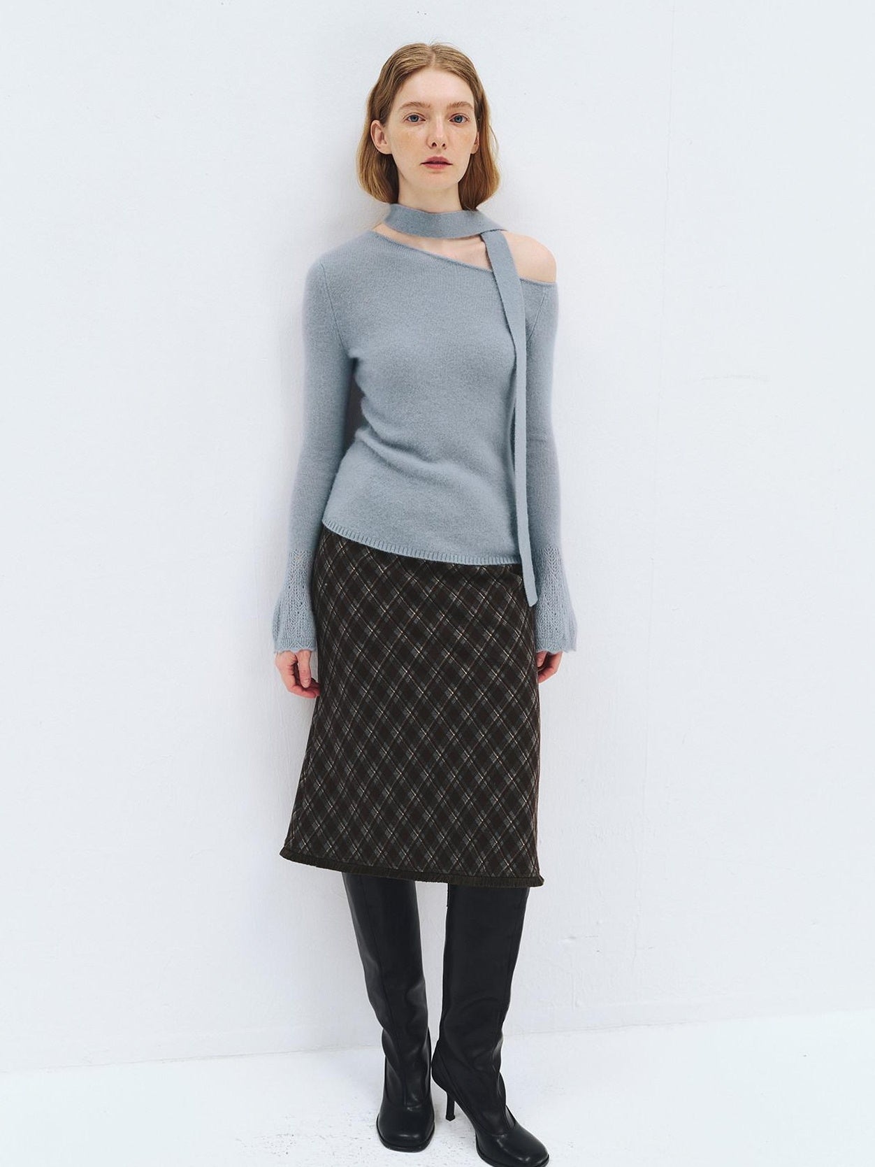 someonesometimes High Waist Slim H Line Casual Women Gray Brown Check Plaid Midi Skirts