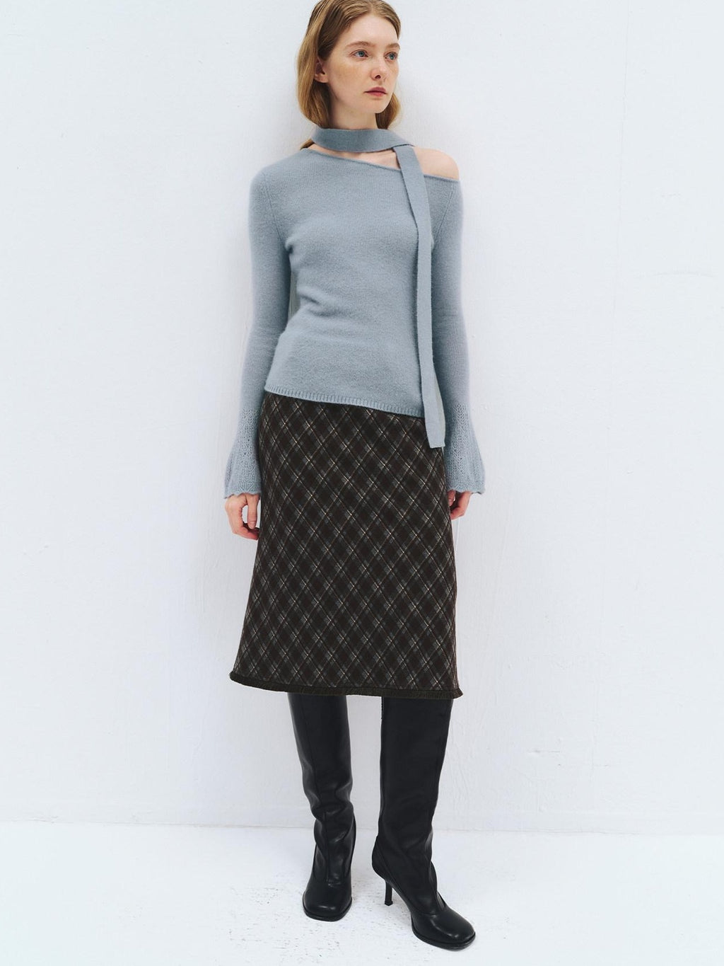 someonesometimes High Waist Slim H Line Casual Women Gray Brown Check Plaid Midi Skirts