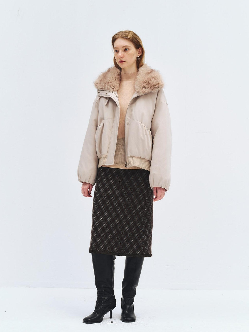 someonesometimes High Waist Slim H Line Casual Women Gray Brown Check Plaid Midi Skirts