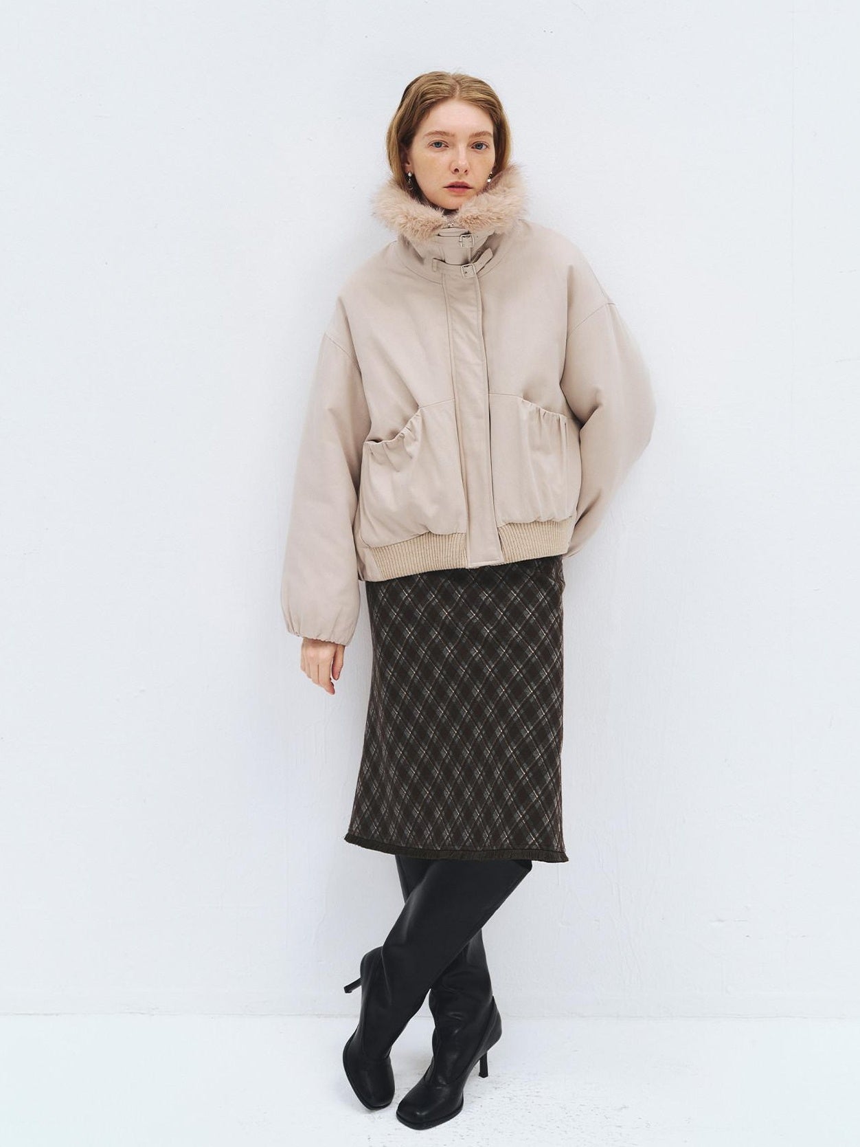 someonesometimes High Waist Slim H Line Casual Women Gray Brown Check Plaid Midi Skirts