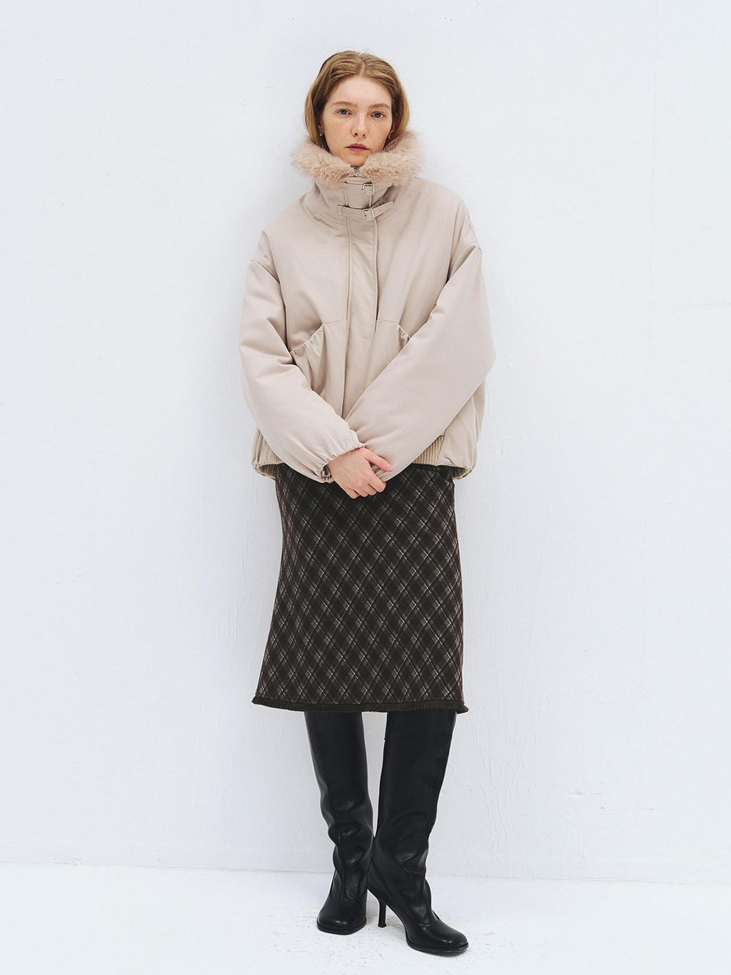 someonesometimes High Waist Slim H Line Casual Women Gray Brown Check Plaid Midi Skirts