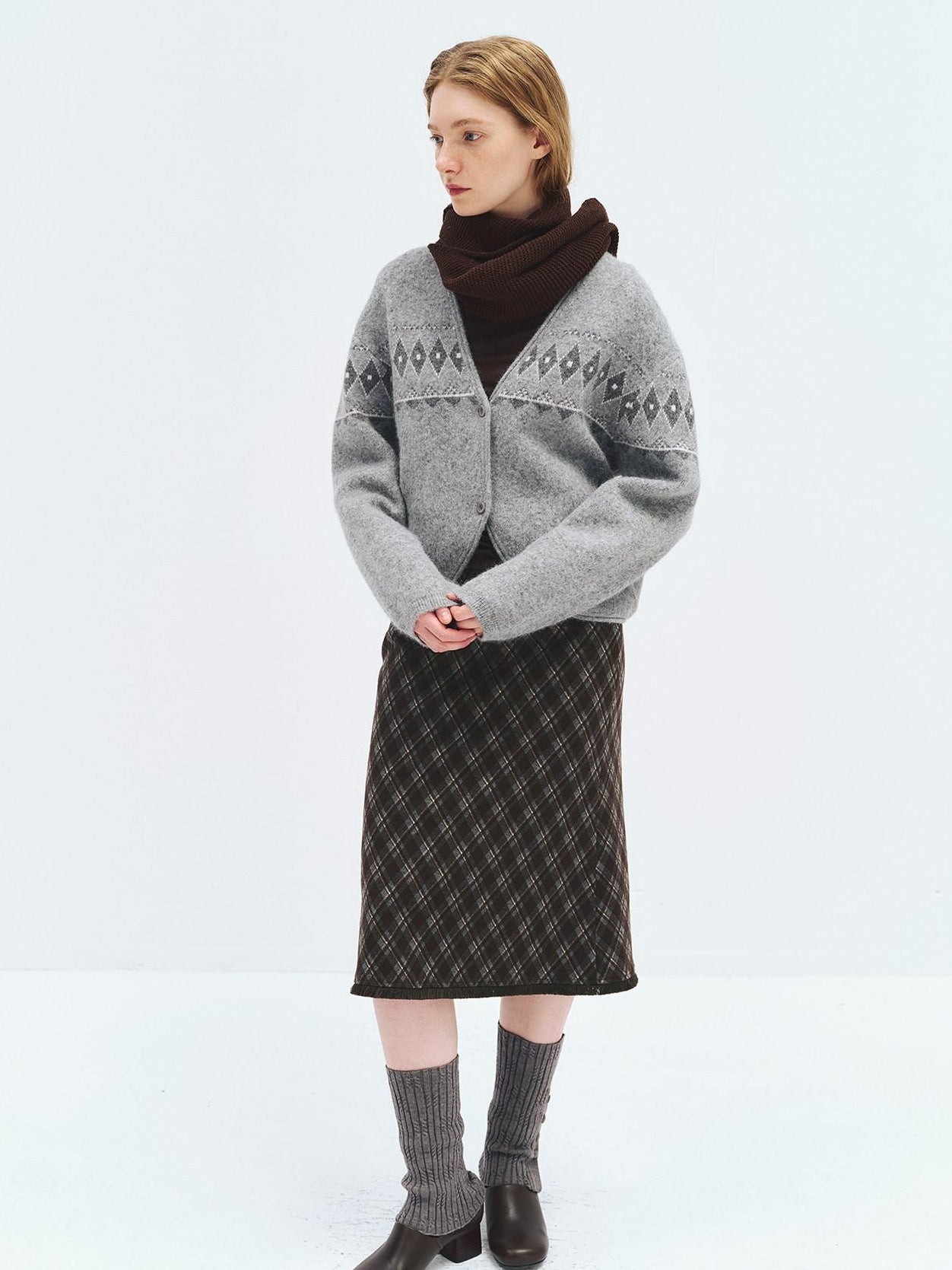someonesometimes High Waist Slim H Line Casual Women Gray Brown Check Plaid Midi Skirts