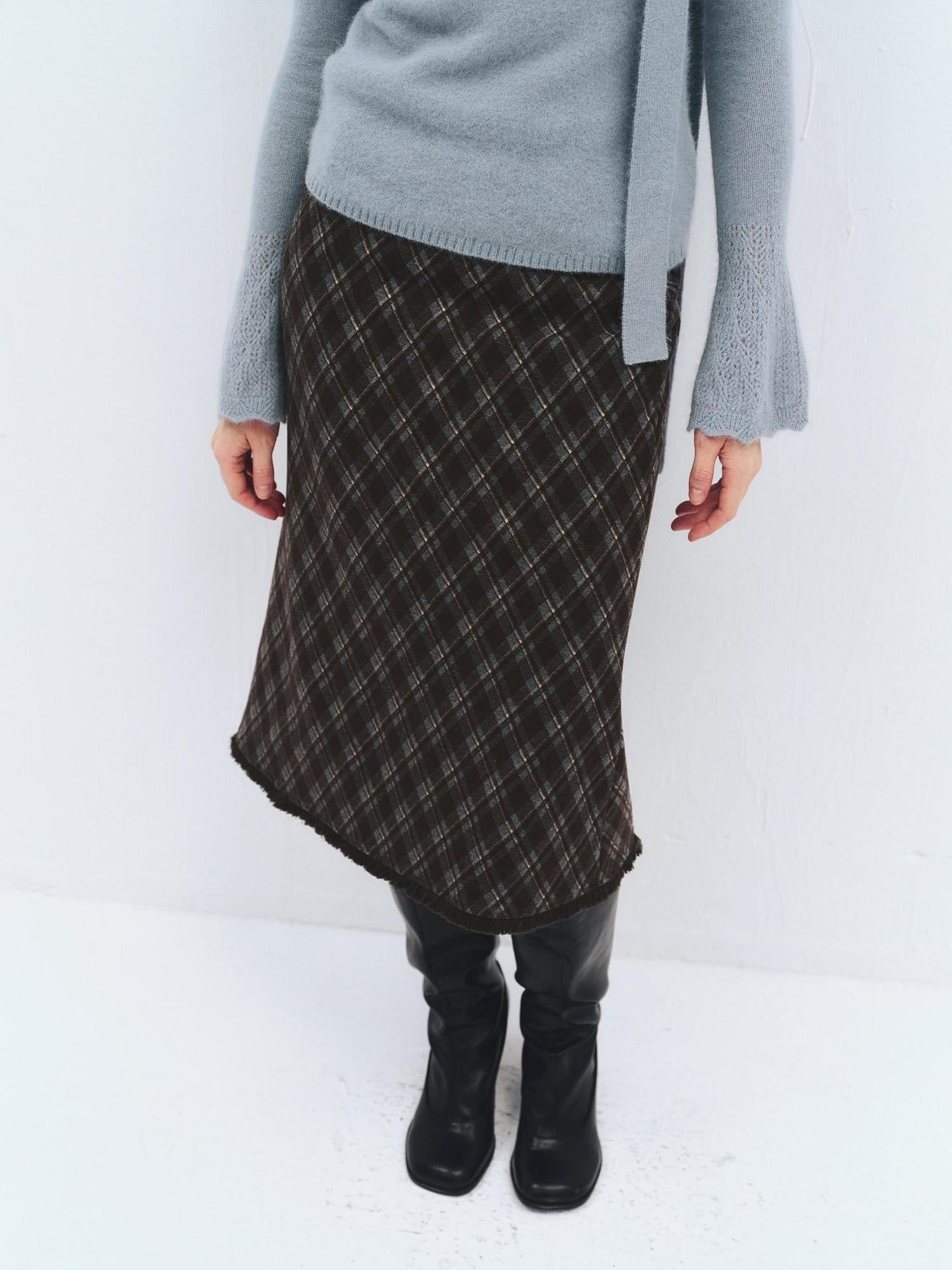 someonesometimes High Waist Slim H Line Casual Women Gray Brown Check Plaid Midi Skirts
