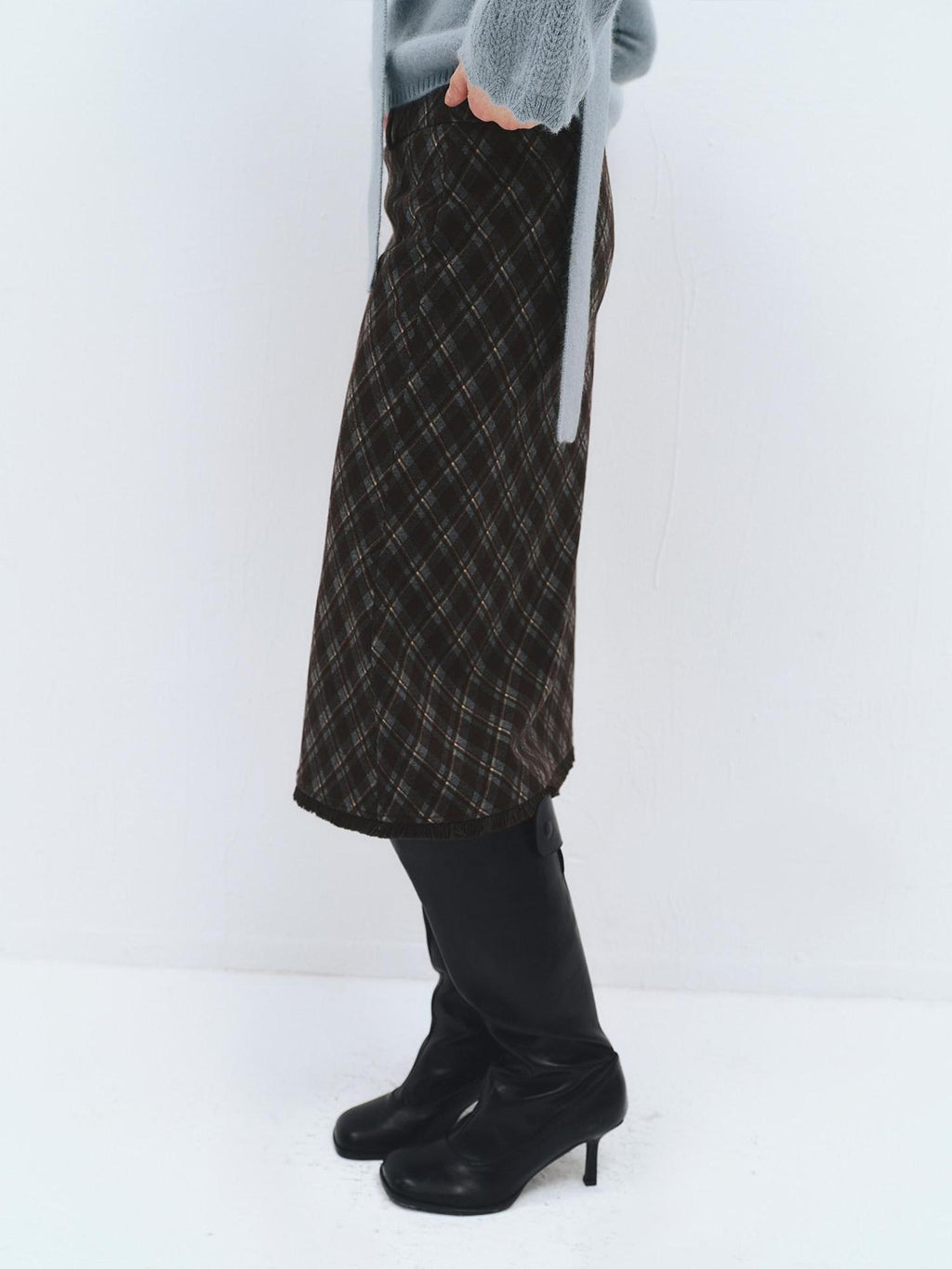 someonesometimes High Waist Slim H Line Casual Women Gray Brown Check Plaid Midi Skirts