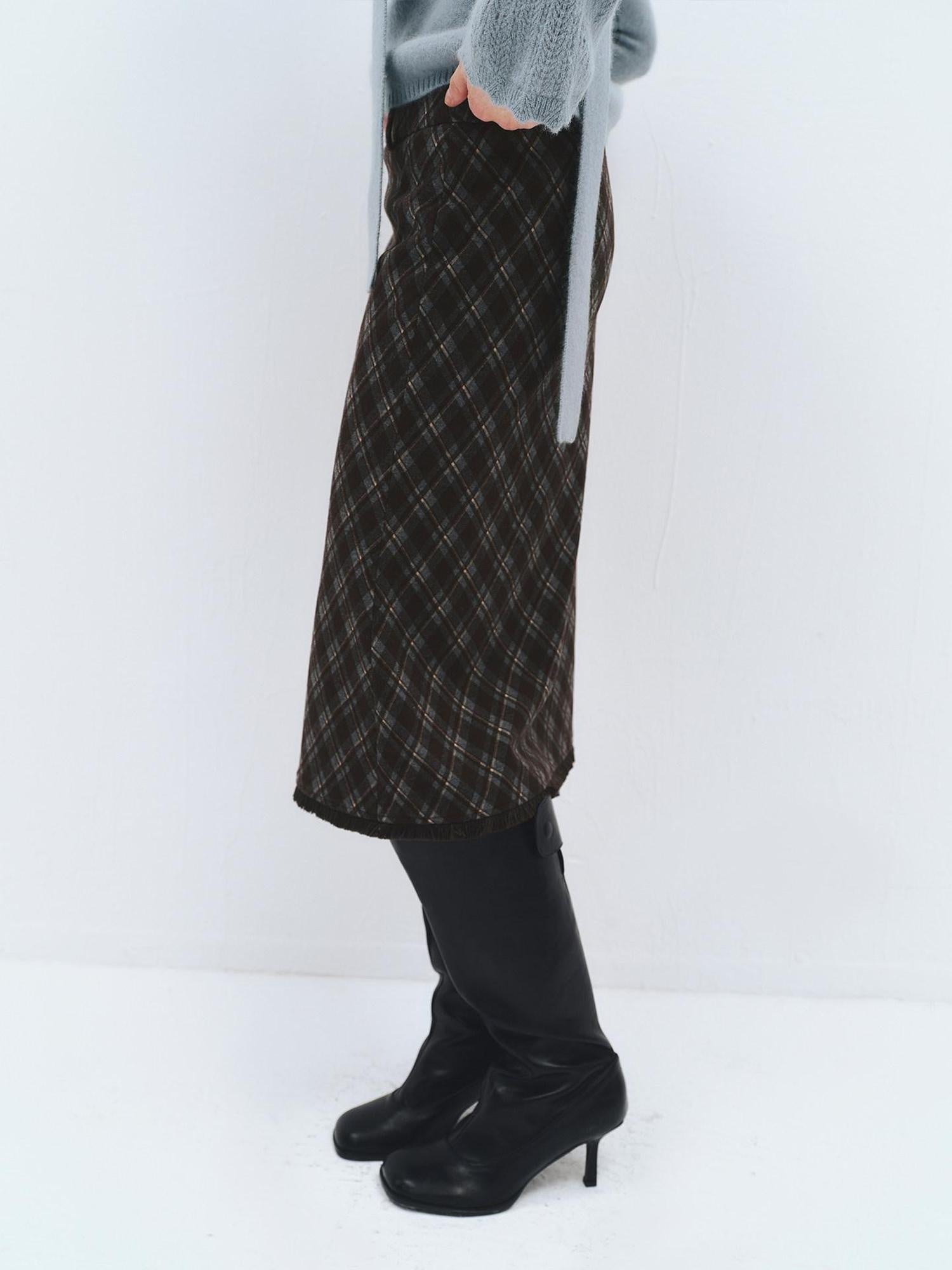 someonesometimes High Waist Slim H Line Casual Women Gray Brown Check Plaid Midi Skirts