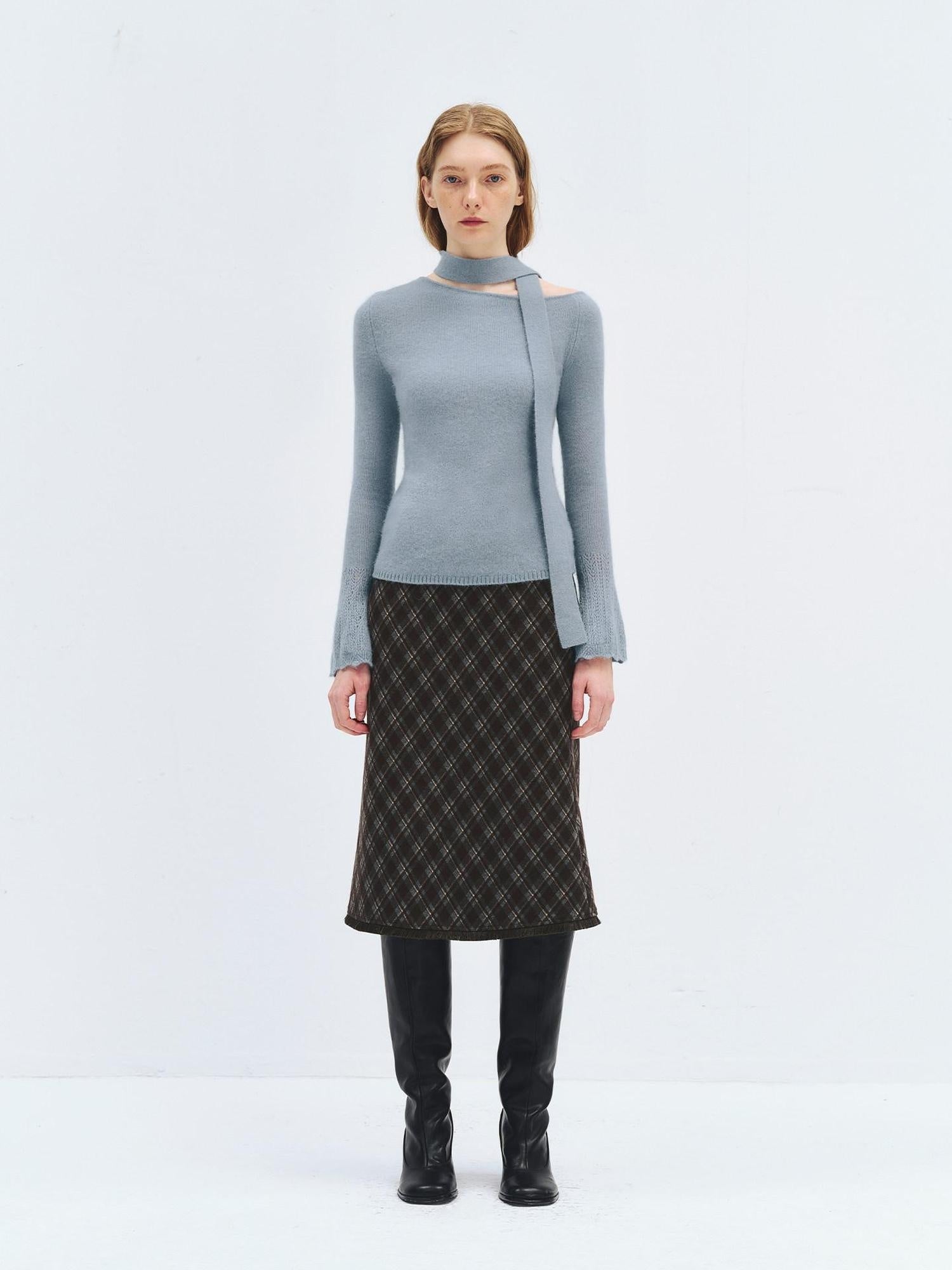 someonesometimes High Waist Slim H Line Casual Women Gray Brown Check Plaid Midi Skirts