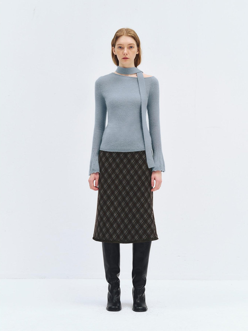 someonesometimes High Waist Slim H Line Casual Women Gray Brown Check Plaid Midi Skirts