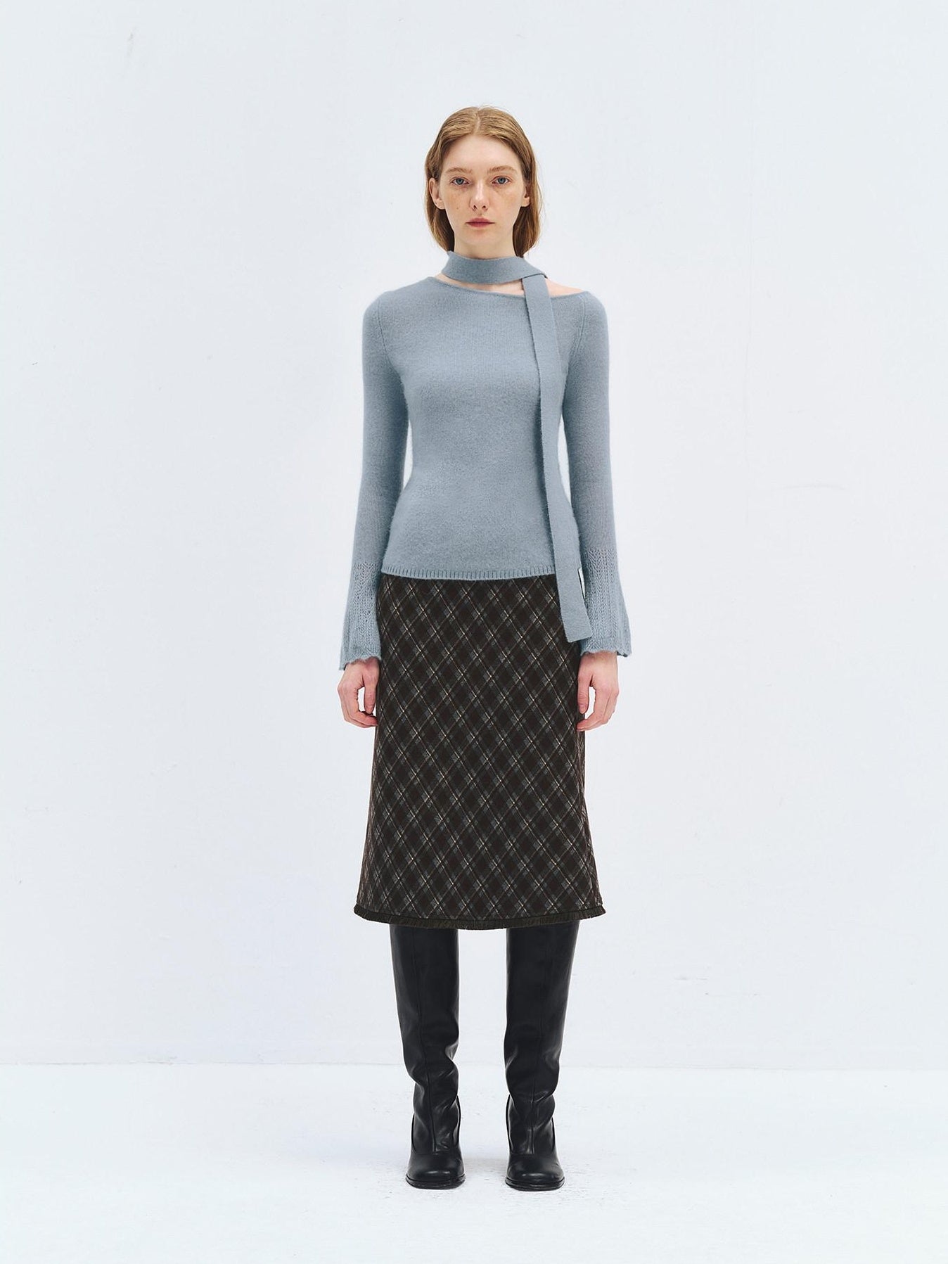 someonesometimes High Waist Slim H Line Casual Women Gray Brown Check Plaid Midi Skirts