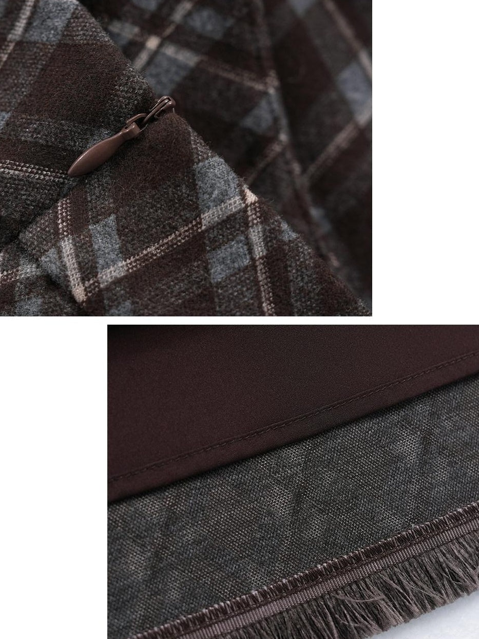 someonesometimes High Waist Slim H Line Casual Women Gray Brown Check Plaid Midi Skirts