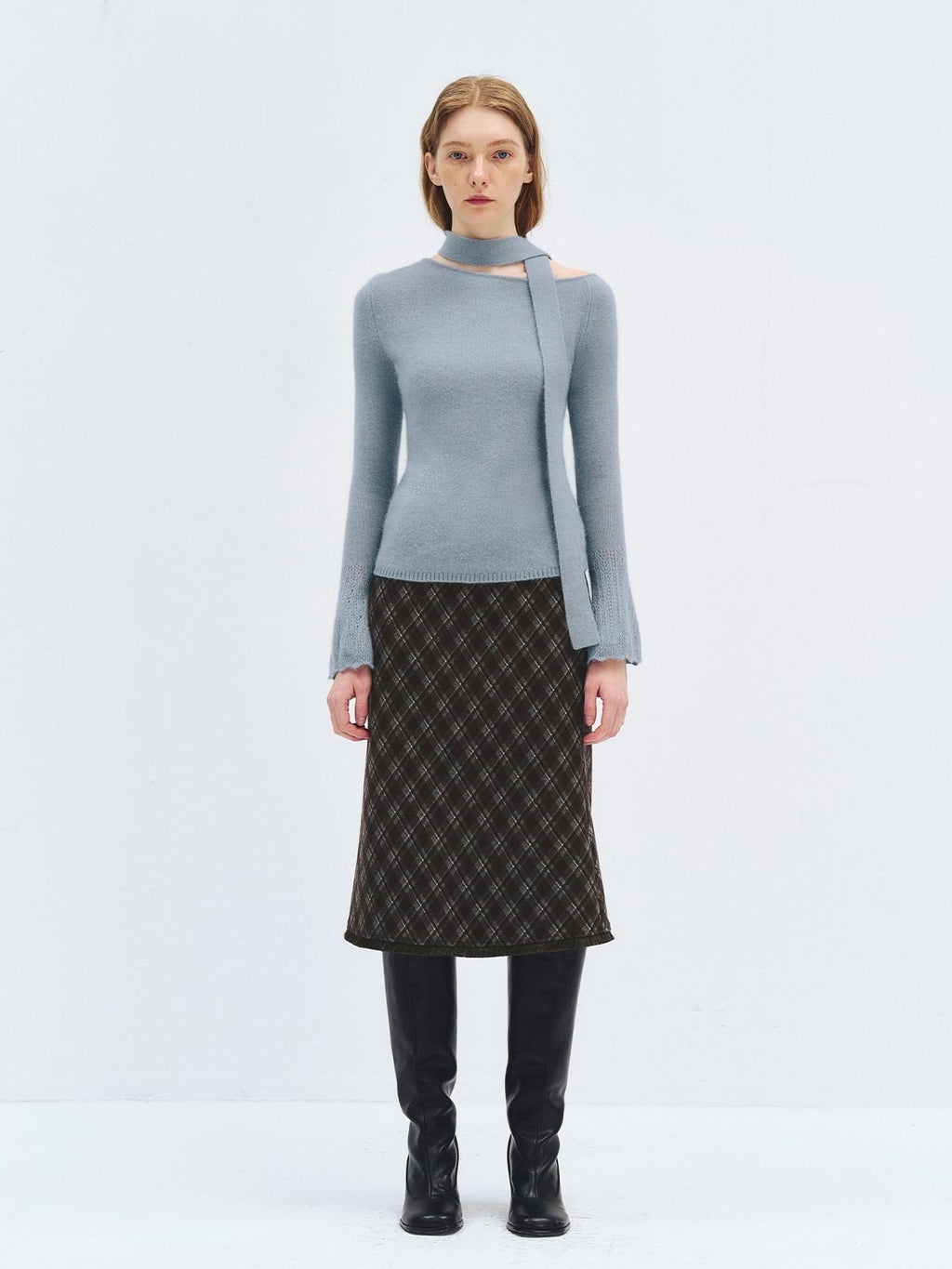 someonesometimes High Waist Slim H Line Casual Women Gray Brown Check Plaid Midi Skirts