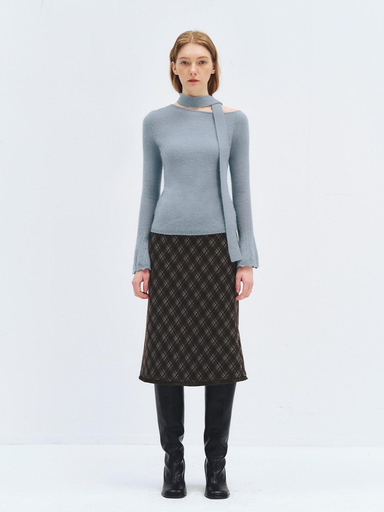 someonesometimes High Waist Slim H Line Casual Women Gray Brown Check Plaid Midi Skirts