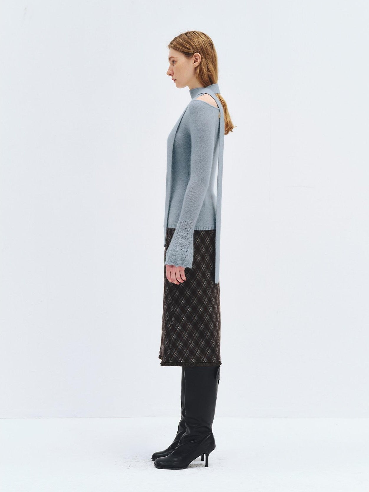 someonesometimes High Waist Slim H Line Casual Women Gray Brown Check Plaid Midi Skirts
