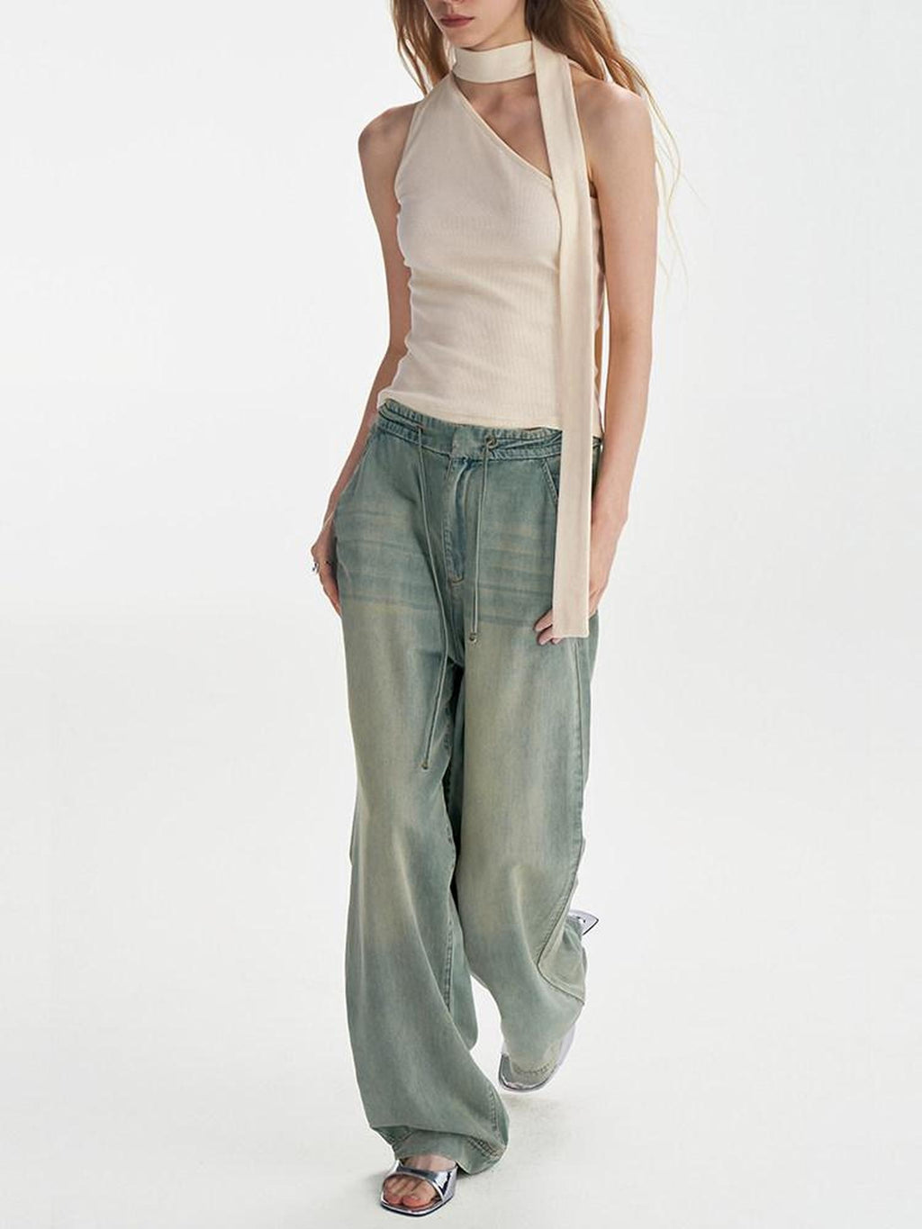 someonesometimes High Waist Washed Blue Denim Long Wide Fit Women Chic Wide Leg Pants