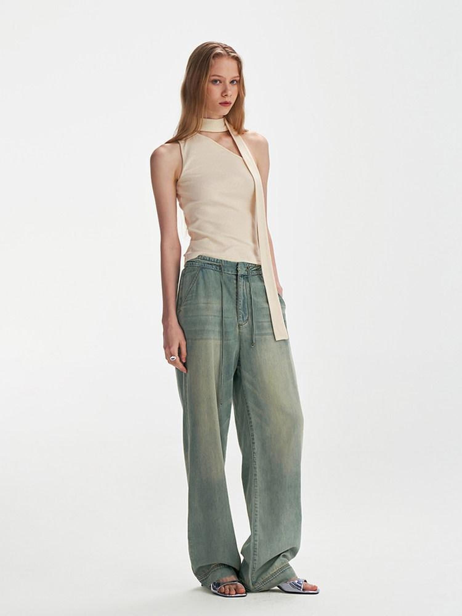someonesometimes High Waist Washed Blue Denim Long Wide Fit Women Chic Wide Leg Pants