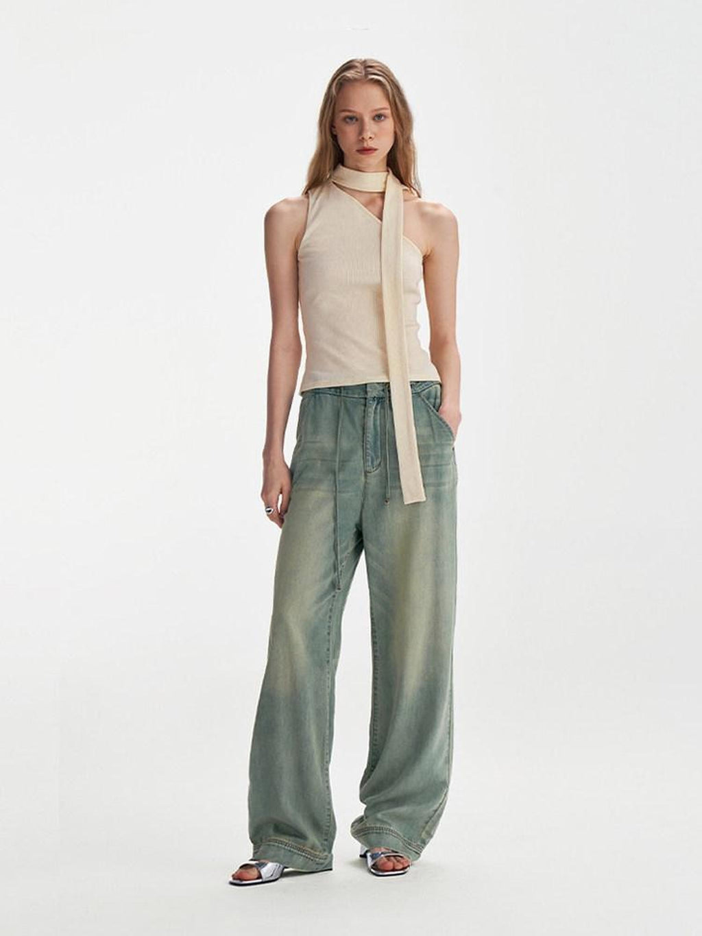 someonesometimes High Waist Washed Blue Denim Long Wide Fit Women Chic Wide Leg Pants