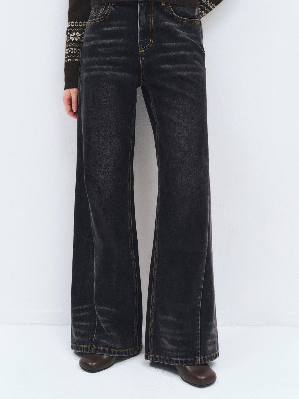 someonesometimes High Waist Washed Vintage Slim Fit Button Fly Women Ink Gray Straight Pants