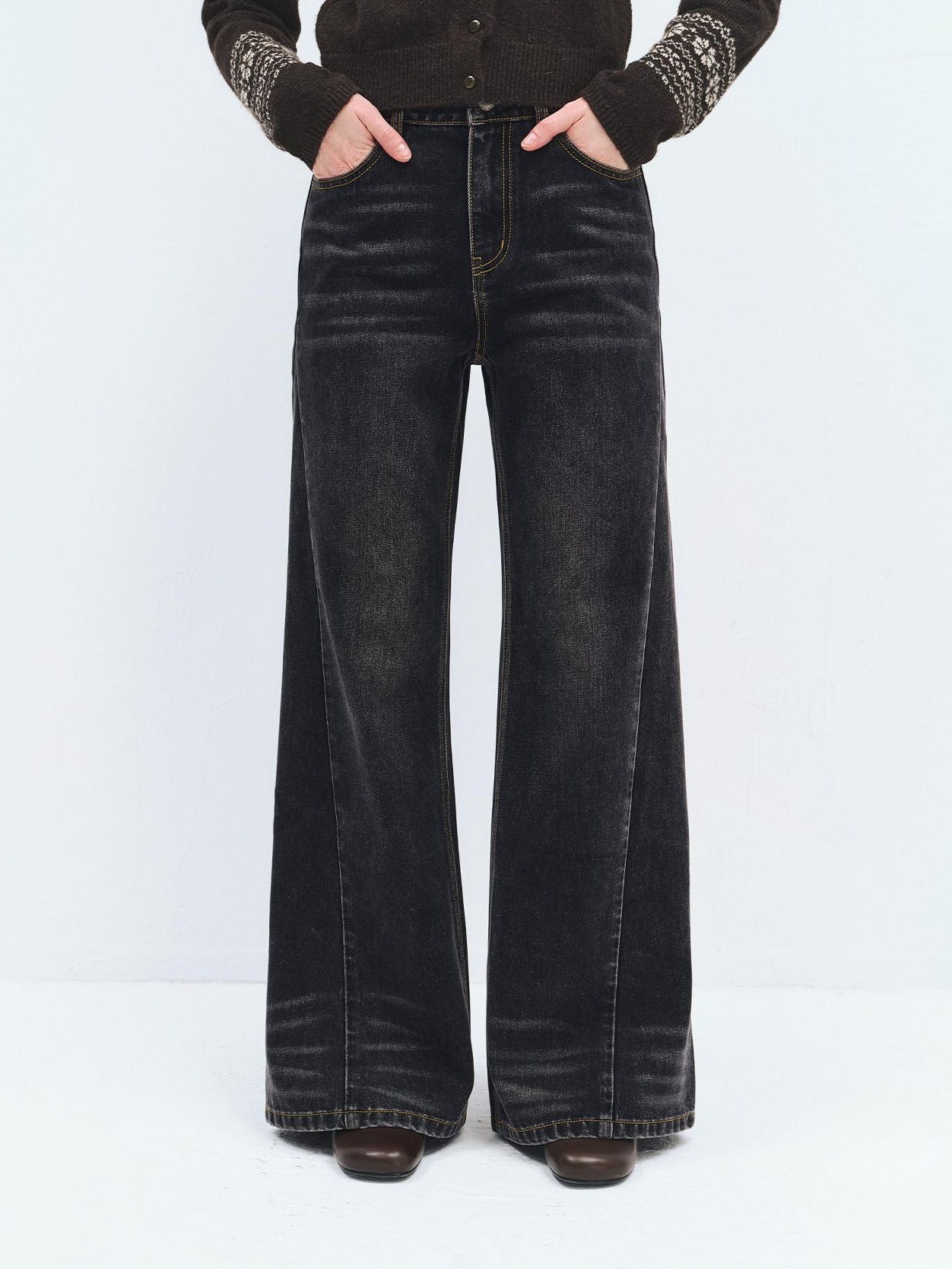 someonesometimes High Waist Washed Vintage Slim Fit Button Fly Women Ink Gray Straight Pants