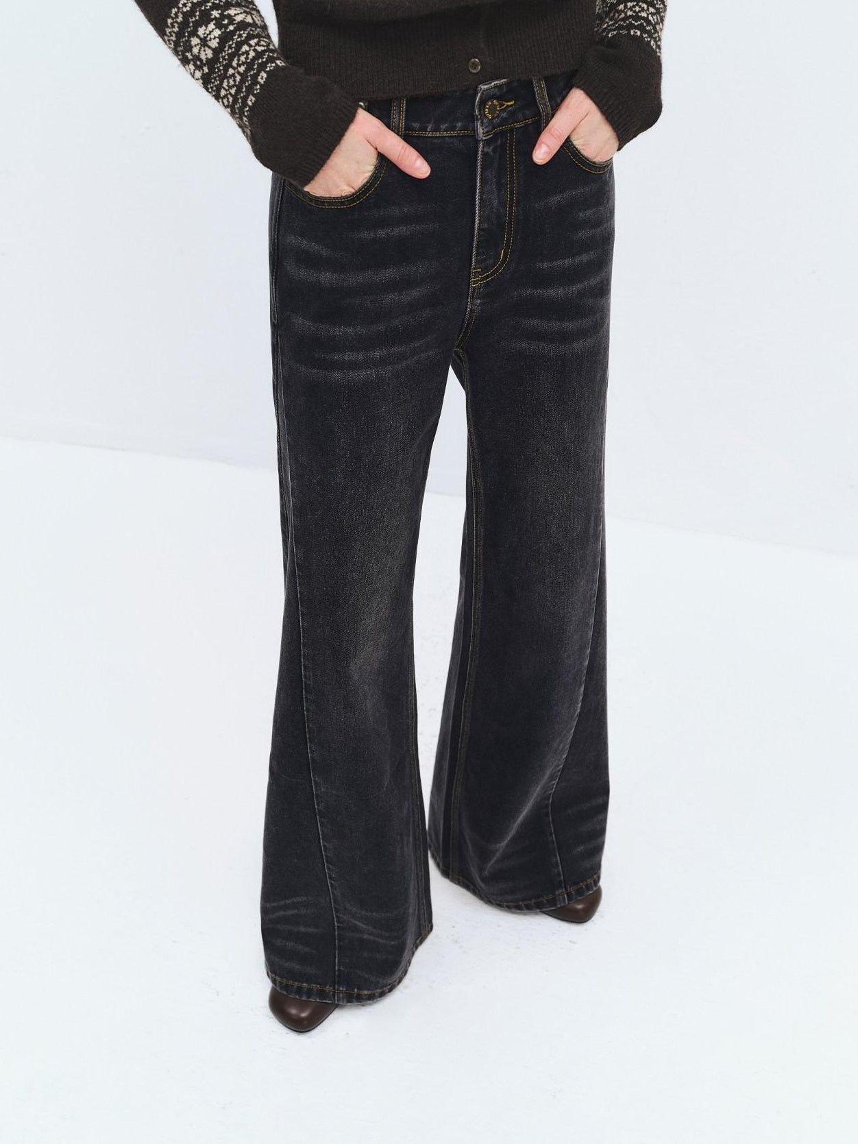 someonesometimes High Waist Washed Vintage Slim Fit Button Fly Women Ink Gray Straight Pants