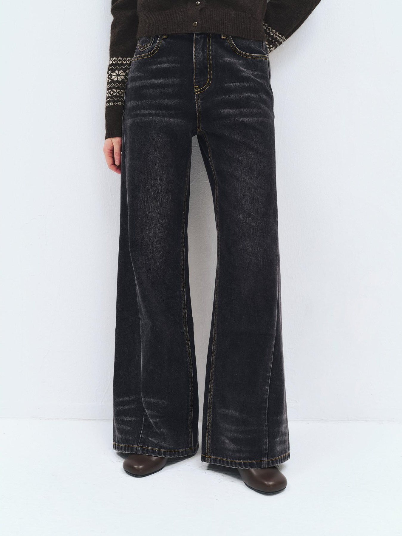 someonesometimes High Waist Washed Vintage Slim Fit Button Fly Women Ink Gray Straight Pants