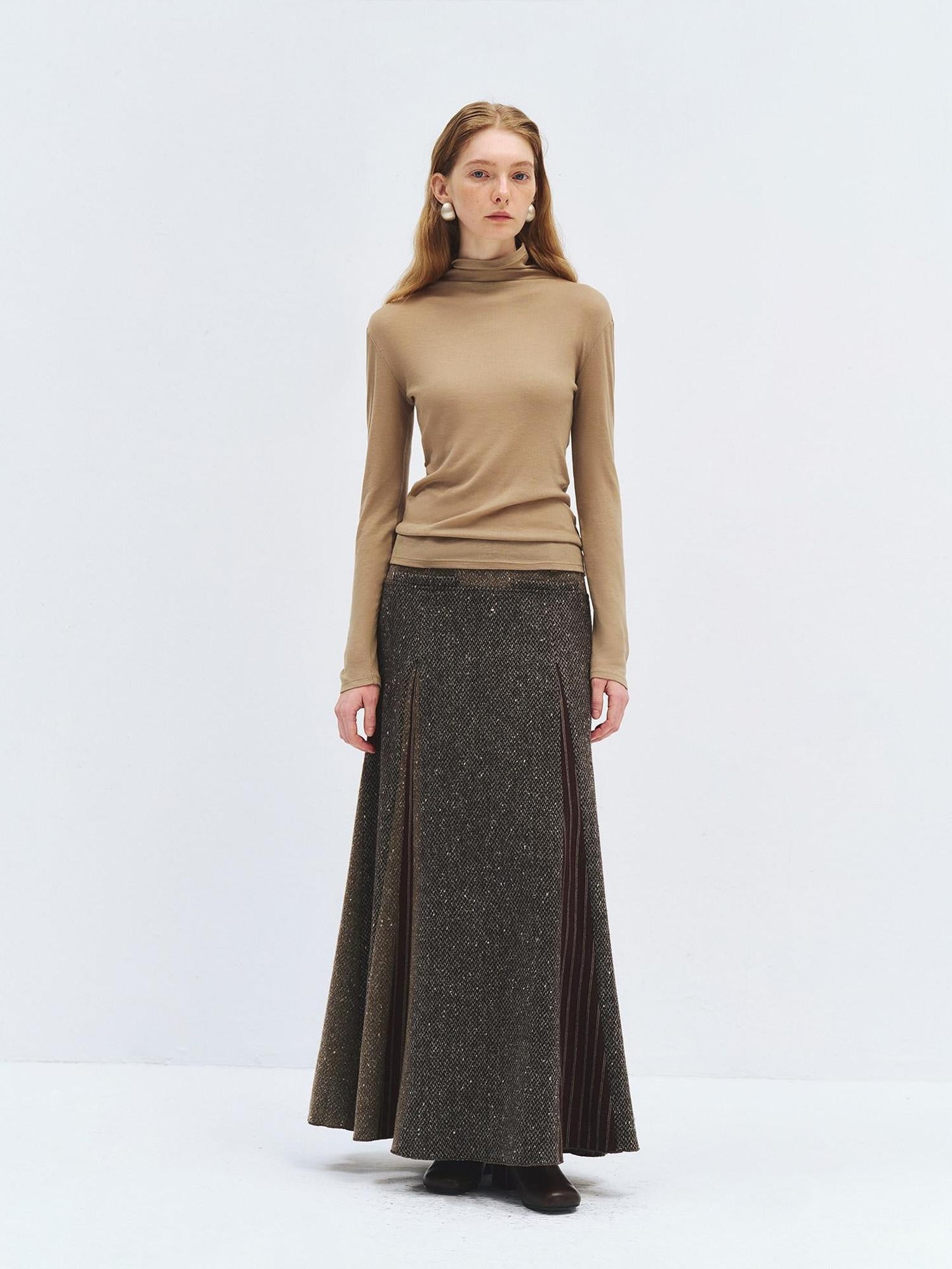 someonesometimes High Waist Wool Blend A Line Heather Grey Patchwork Women Maxi Skirts