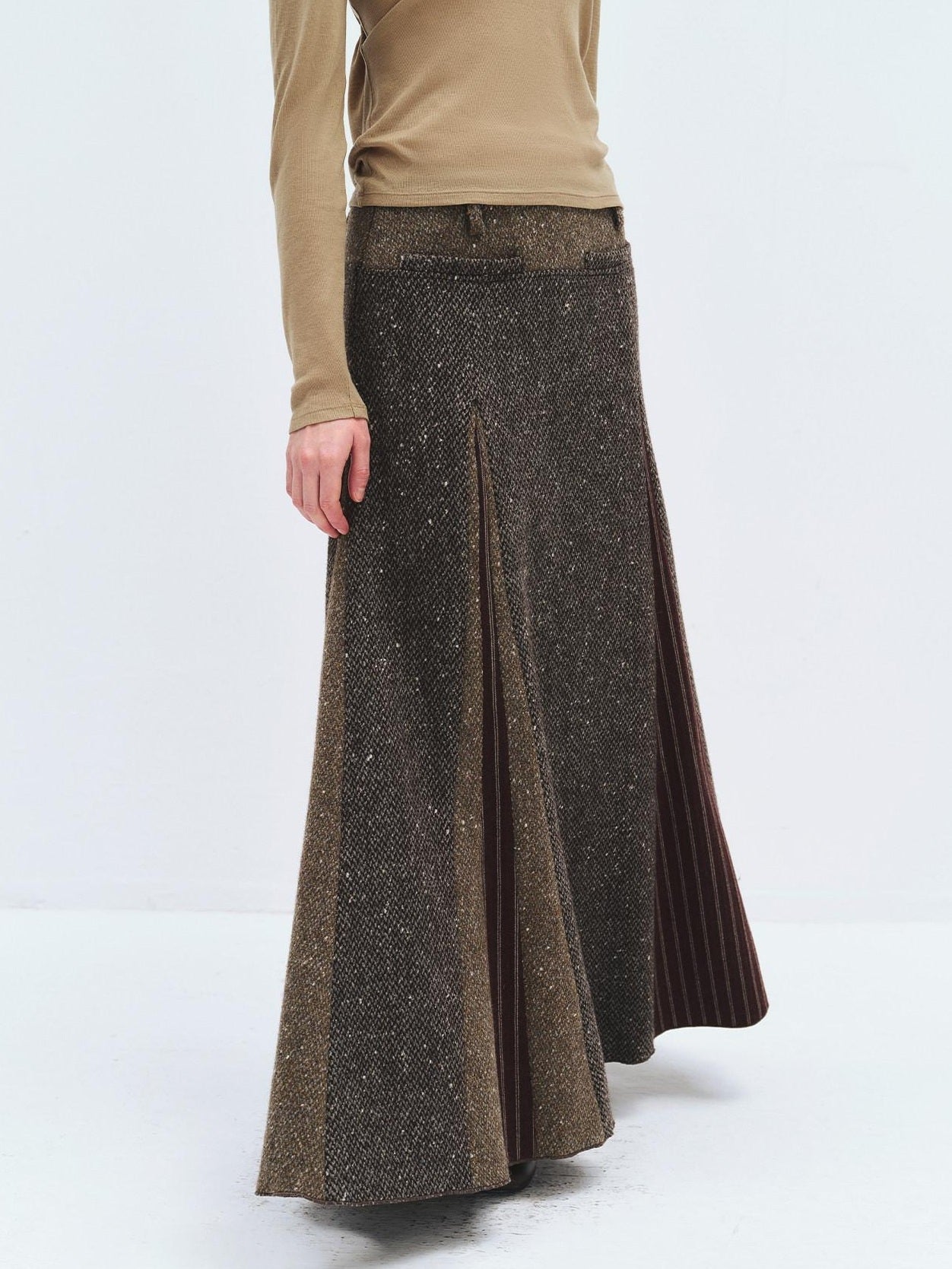 someonesometimes High Waist Wool Blend A Line Heather Grey Patchwork Women Maxi Skirts